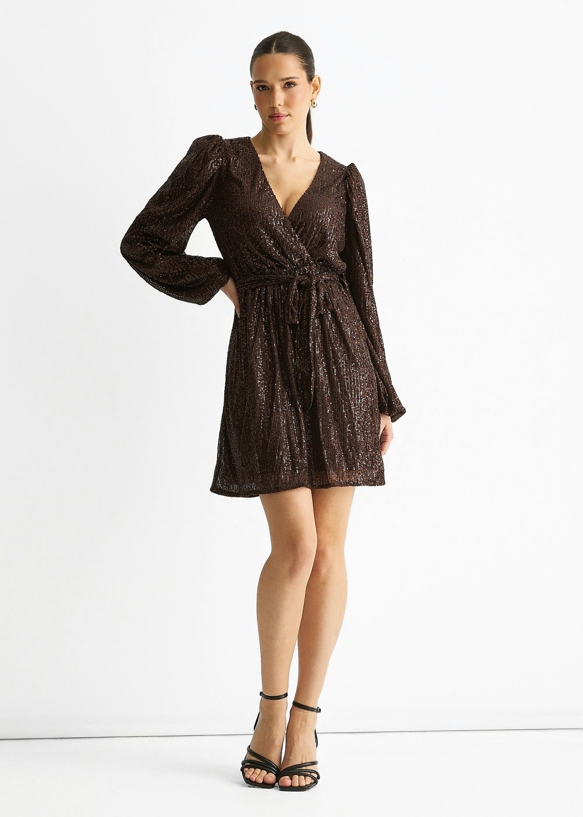 Gini London Chocolate Sequin V Neck Belted Mini Dress - Uk 12 / Us 8 / Eu 40