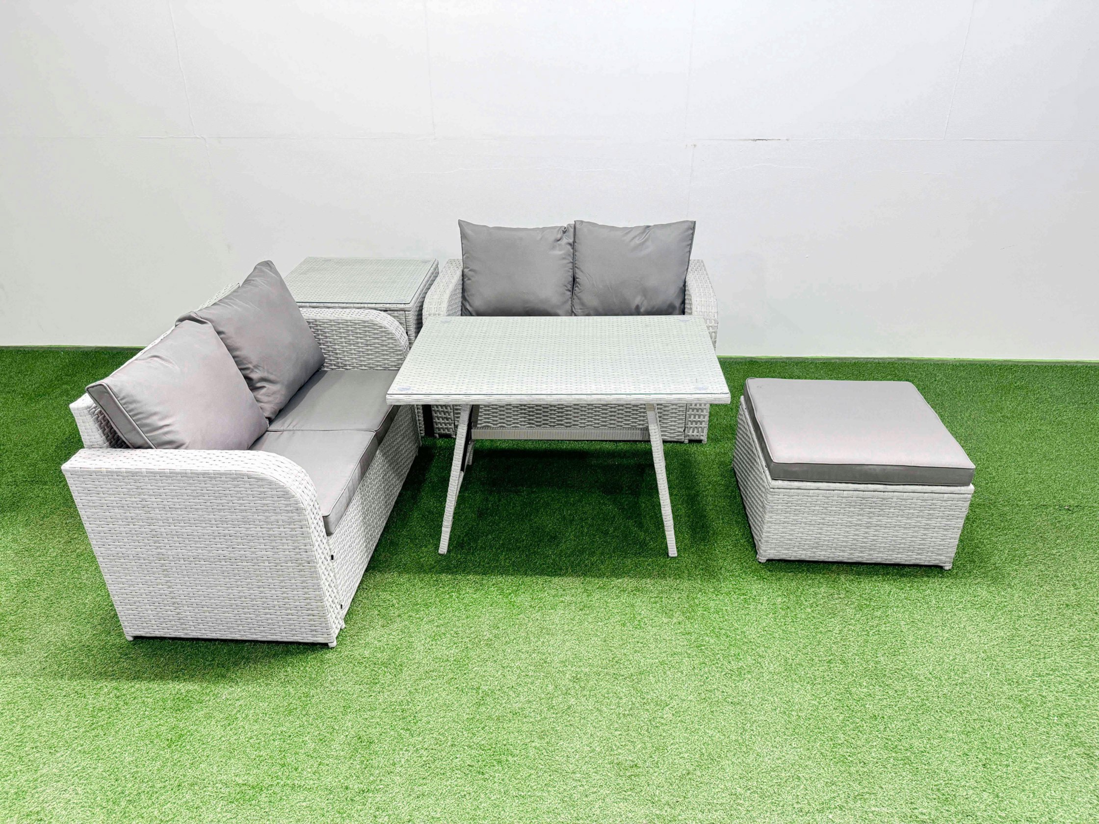 Rackhams Light/Grey 5 Seater Outdoor Love Sofa Set Rattan Garden Furniture Set With Rectangular Dining Table Side Table Big Footstool