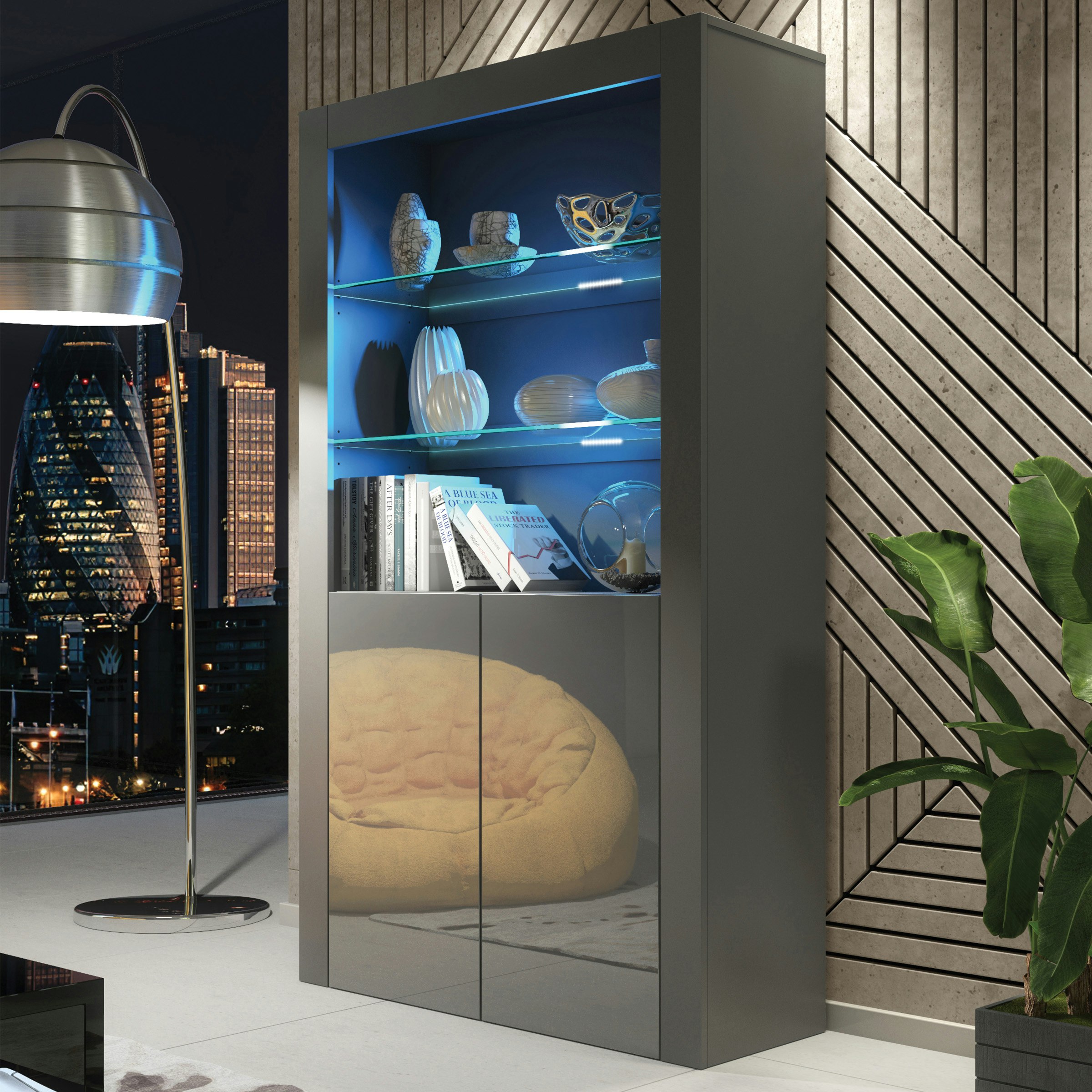 Rackhams Grey Tall Display Cabinet 170Cm Gloss Doors – Free Led Lights - Matt Body & Gloss Doors - 170 - Full Assembly Required.