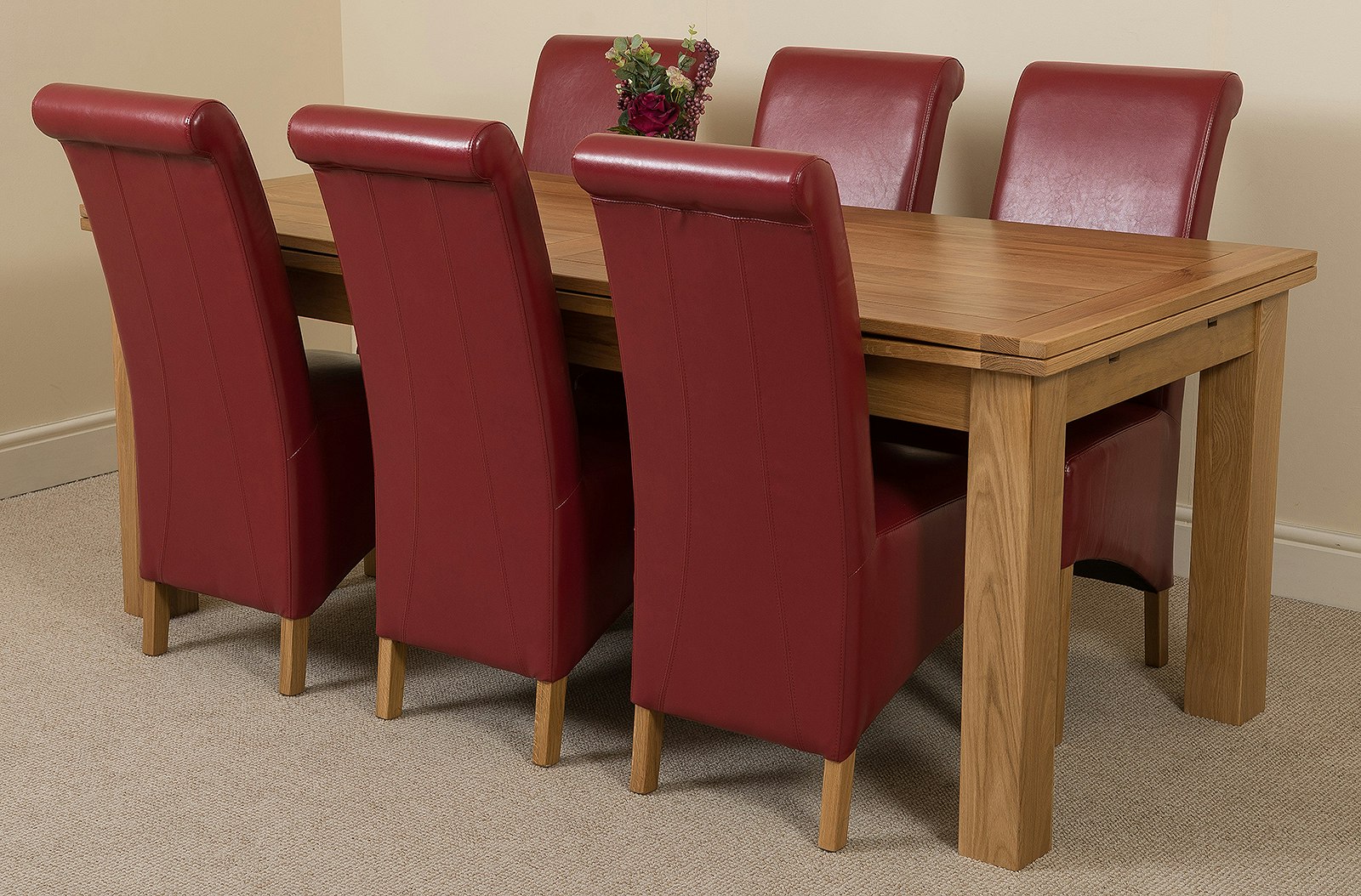 Rackhams Burgundy Richmond Oak Extending Dining Table With Montana Leather Chairs - 6 Chairs Large