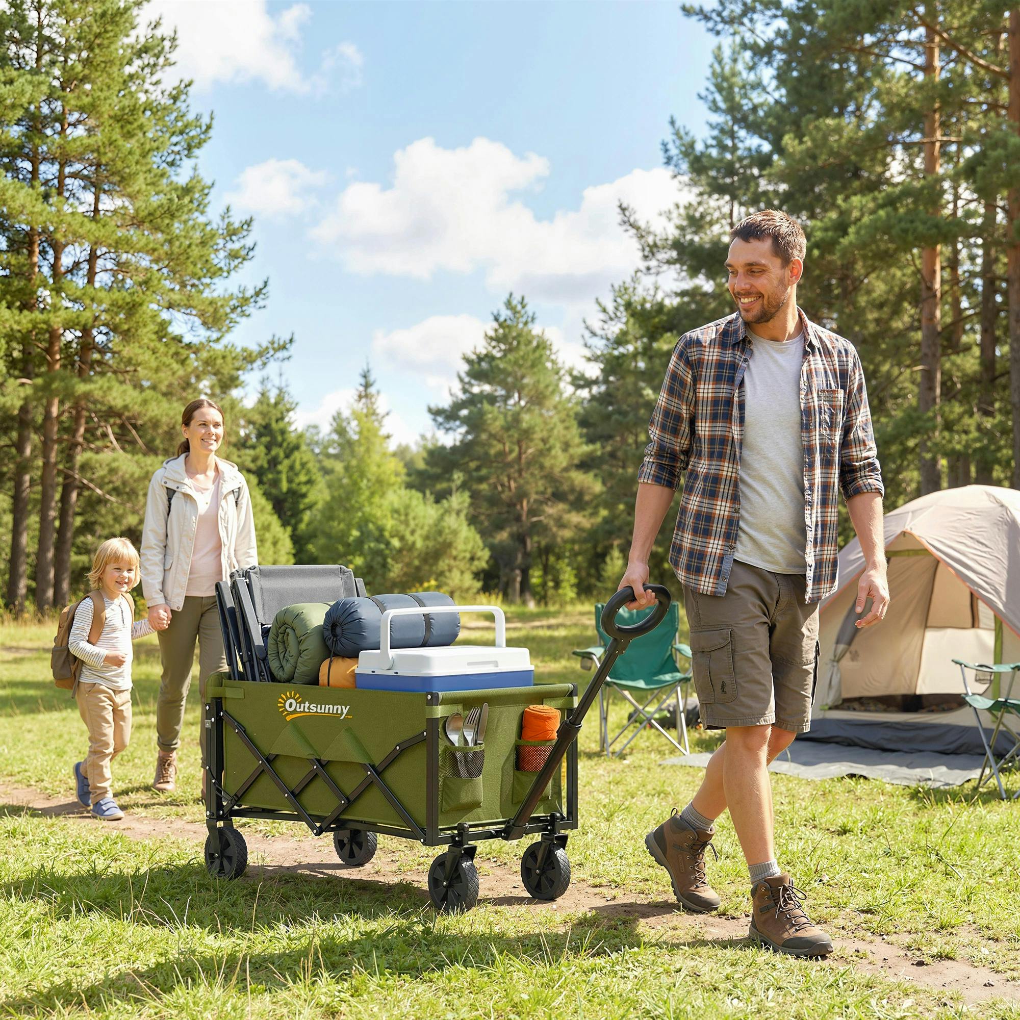 Outsunny Green 60L Festival Trolley On Wheels, Collapsible Wagon Cart