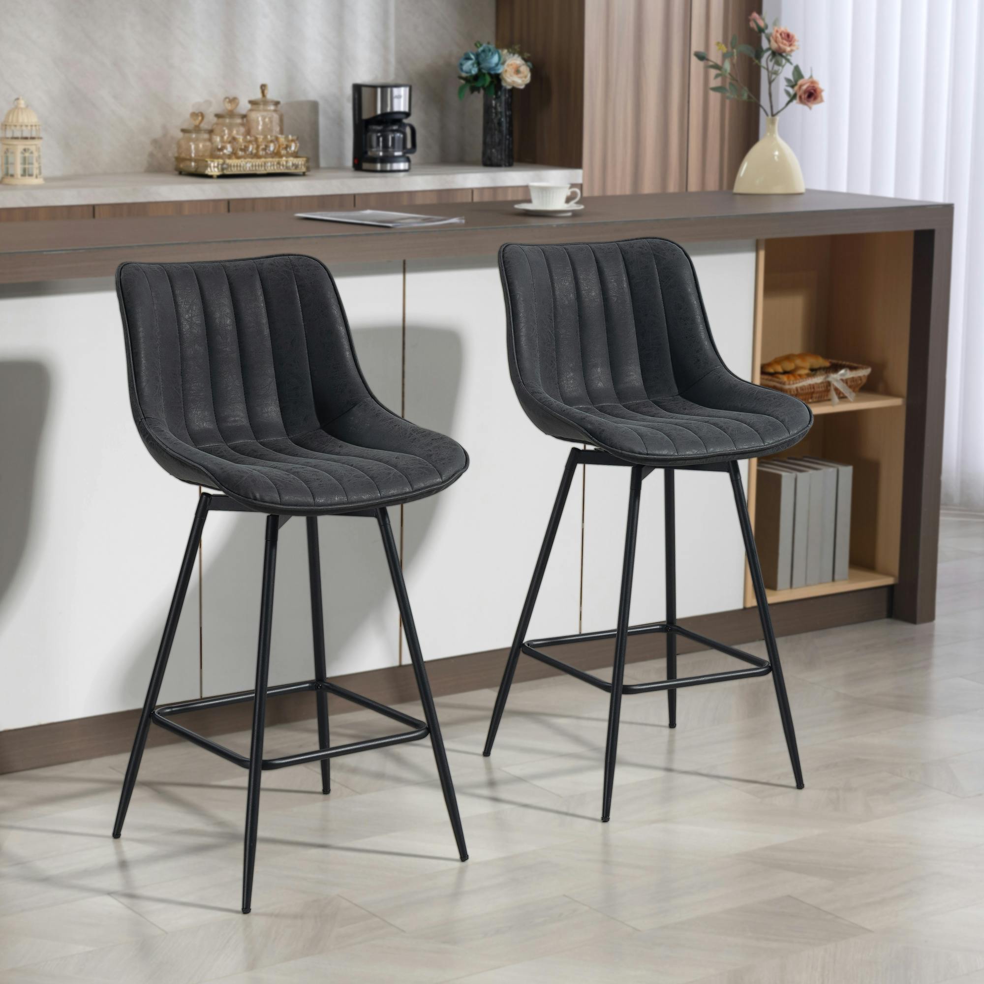 Rackhams Black Swivel Bar Stools Set Of 2, Pu Leather Upholstered Bar Chairs,