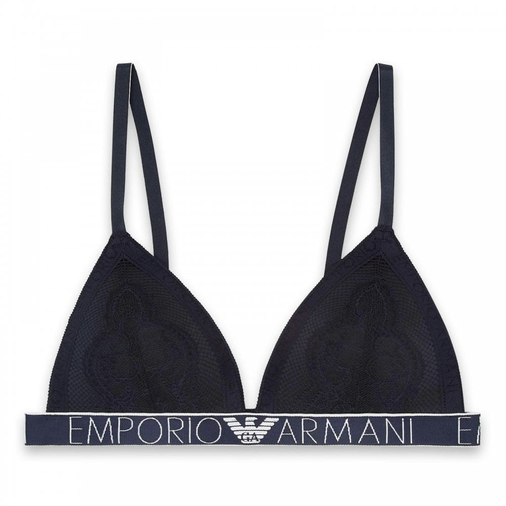 Emporio Armani Logoband Lace Padded Triangle Bra, Marine - M