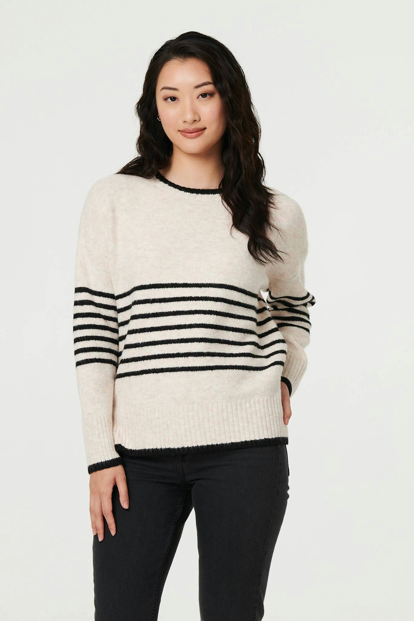 Izabel London Cream Striped Relaxed Long Sleeve Jumper - M/L