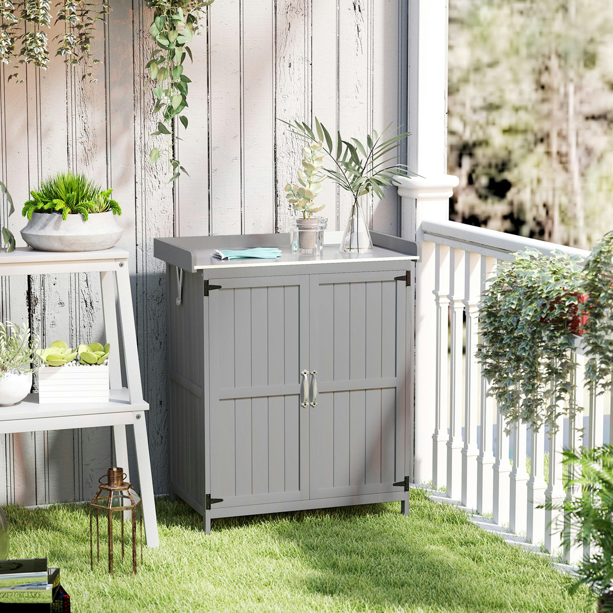 Rackhams Grey Wooden Garden Storage Unit W/Hinged Lid And Shelf