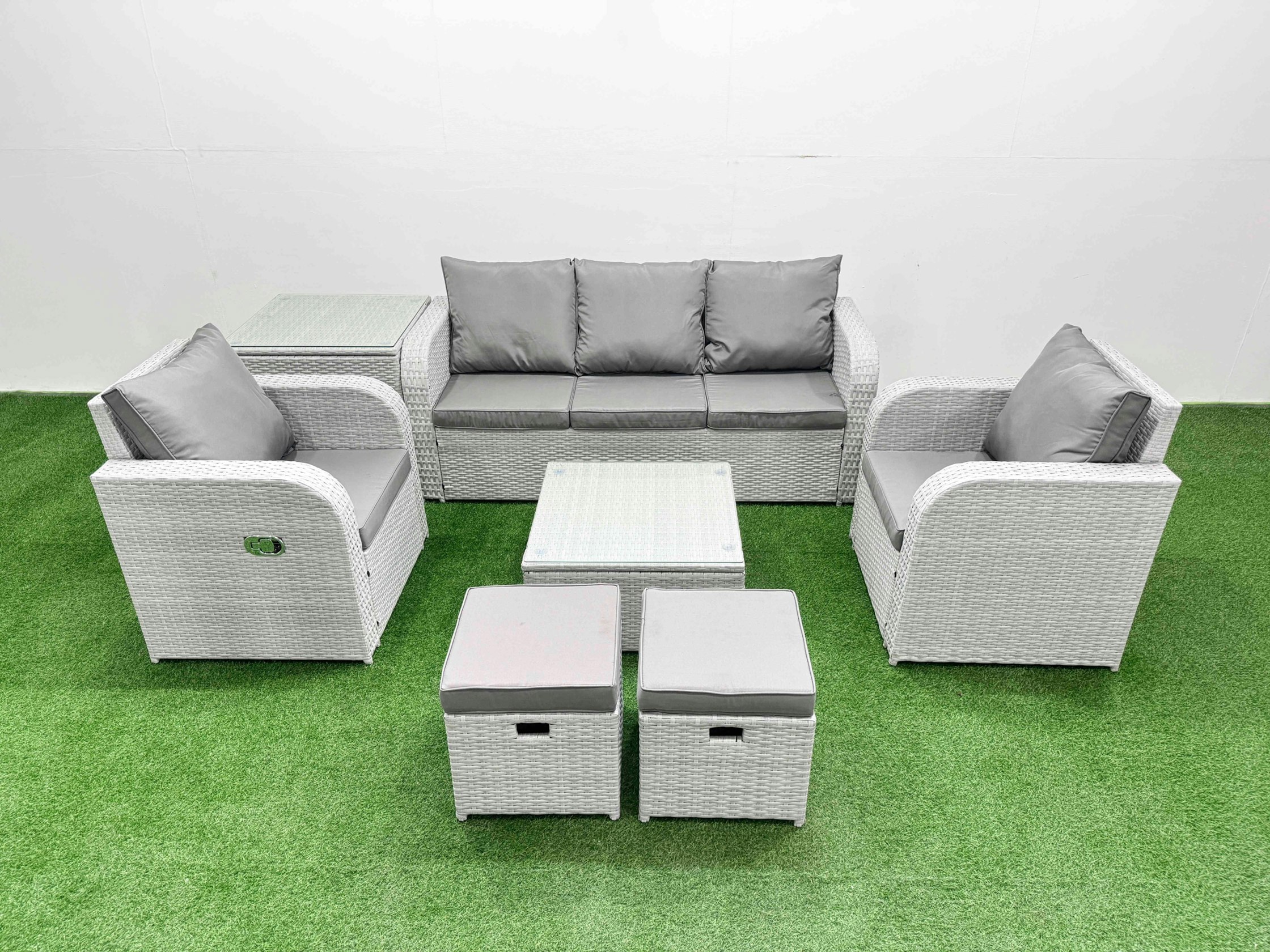 Fimous Light/Grey Pe Rattan Garden Furniture Set Reclining Chair Sofa Lounge Sofa Set Square Coffee Table Side Table 2 Small Stools