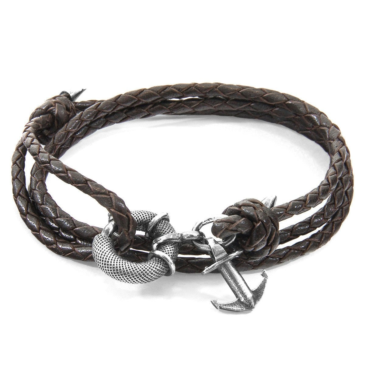 Anchor & Crew Dark/Brown/Silver Clyde Anchor And Braided Leather Bracelet