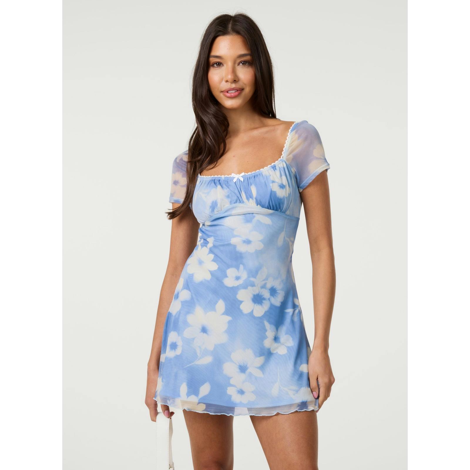Pink Vanilla Pink/Blue Vanilla Floral Printed Mesh Cap Sleeve Mini Dress - M