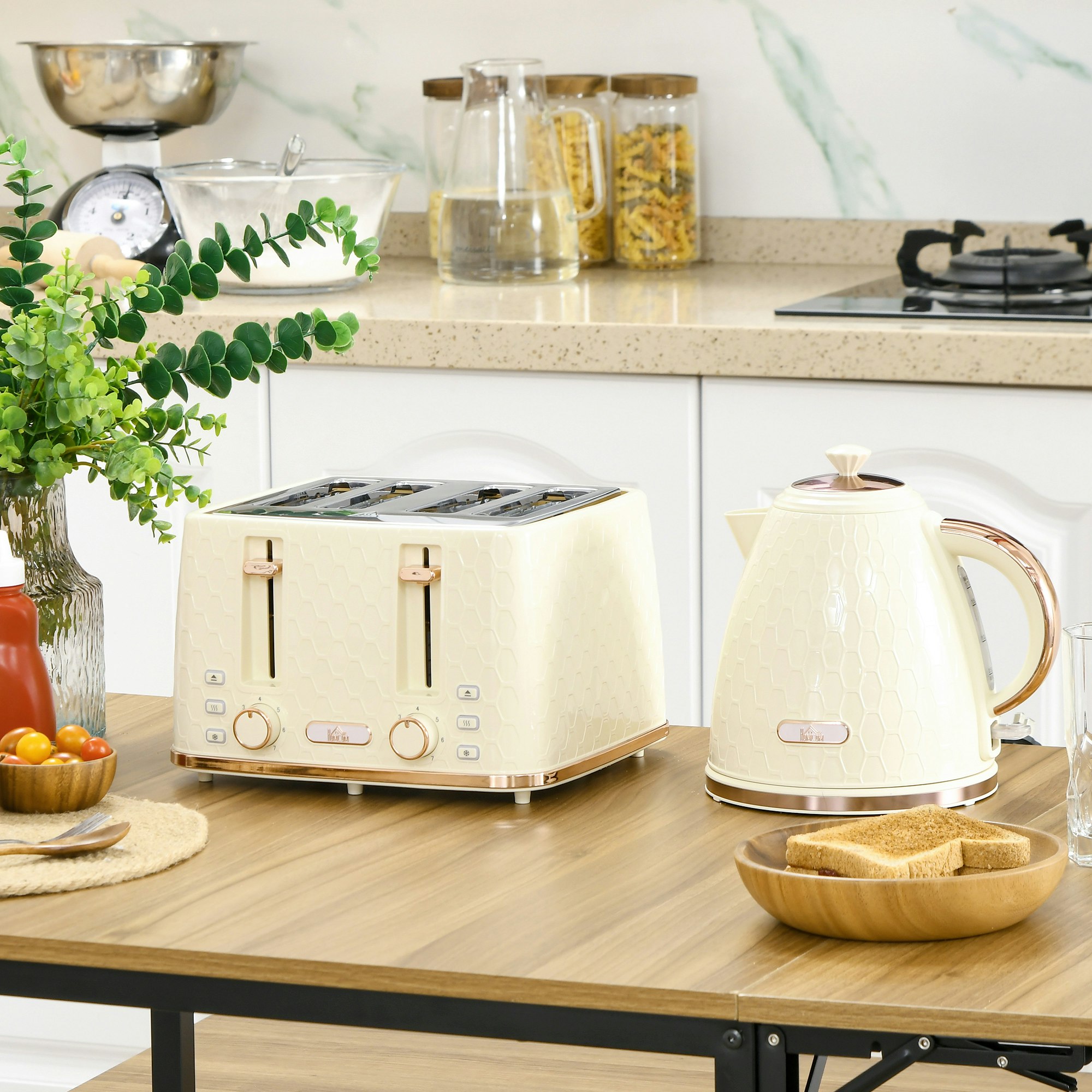 Homcom Beige 1.7L Kettle And Toaster Set With Defrost Reheat And Crumb Tray