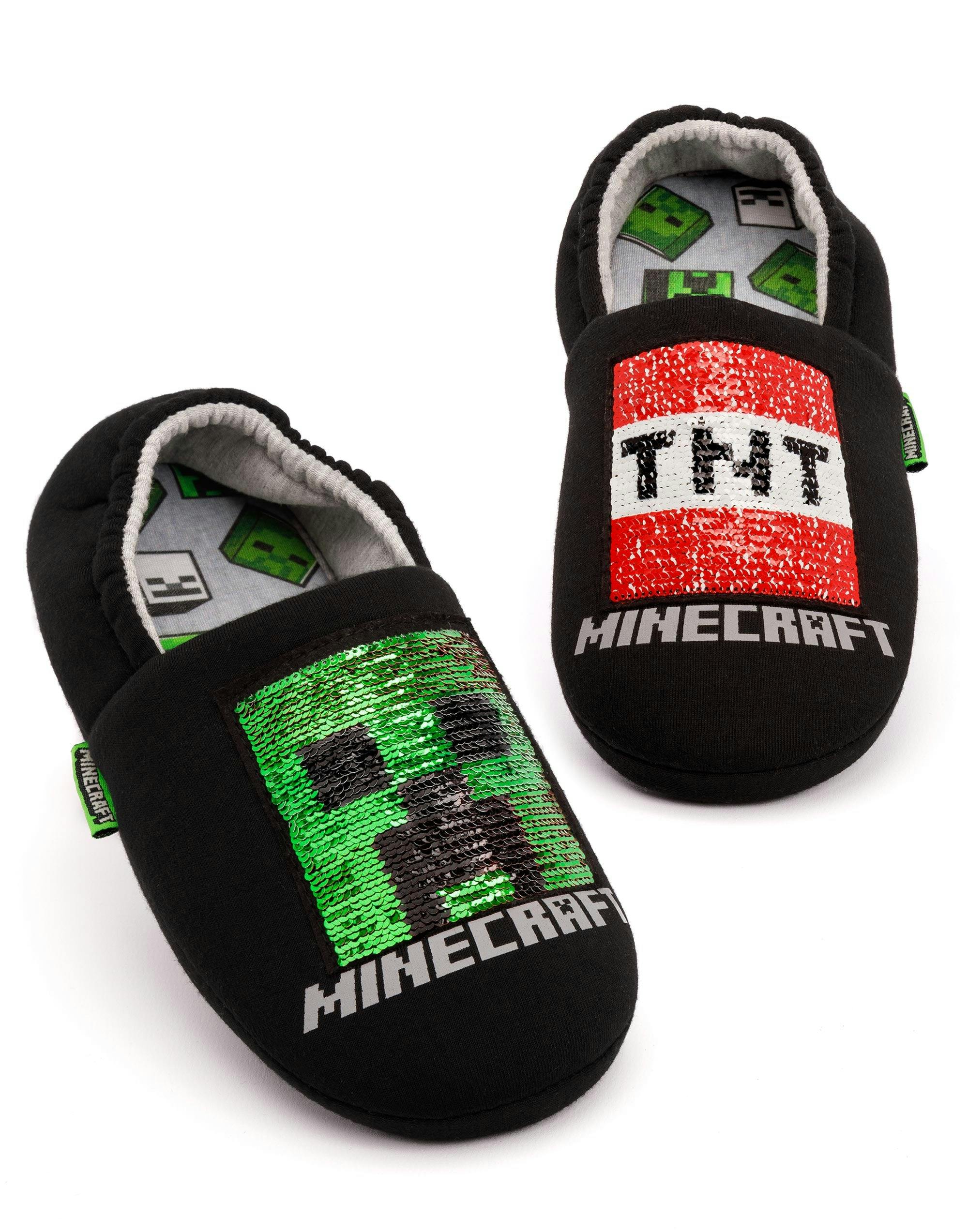 Vanilla Underground Boys Black Minecraft Creeper Sequin Applique Slip On Loafer Slippers - 11 Uk Child