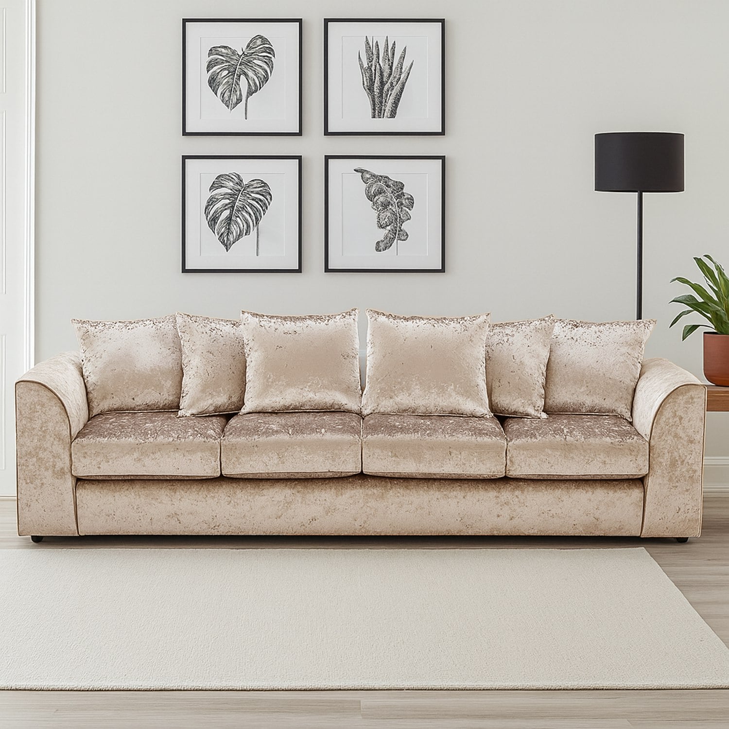 Rackhams Black Crystal Crushed Velvet Long Fabric 4 Seater Sofa Scatter Back - Mink