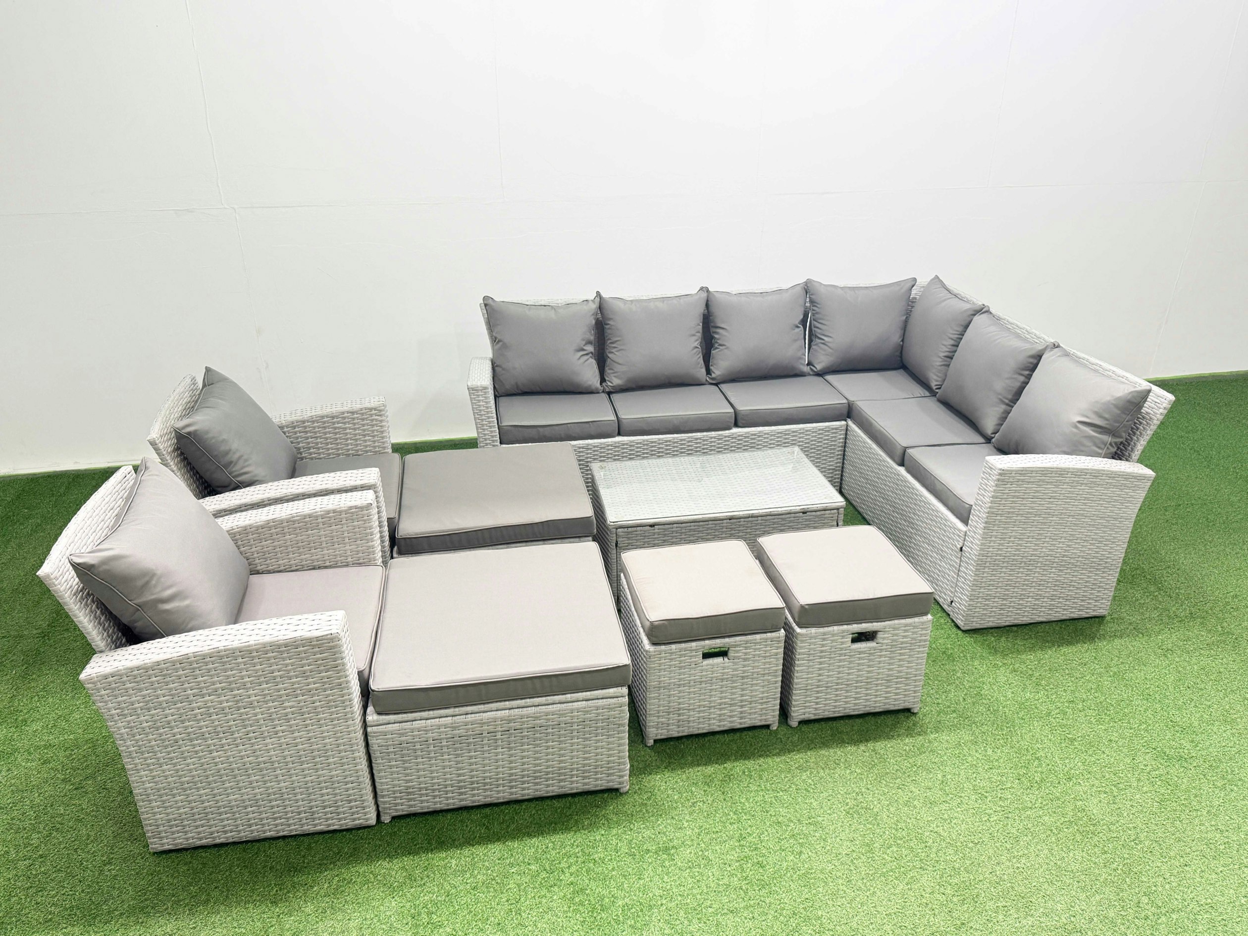 Rackhams Light/Grey Garden Outdoor Pe Rattan Furniture Set 12 Seater Rattan Garden Sofa Set With 2 Big Footstools Mixed
