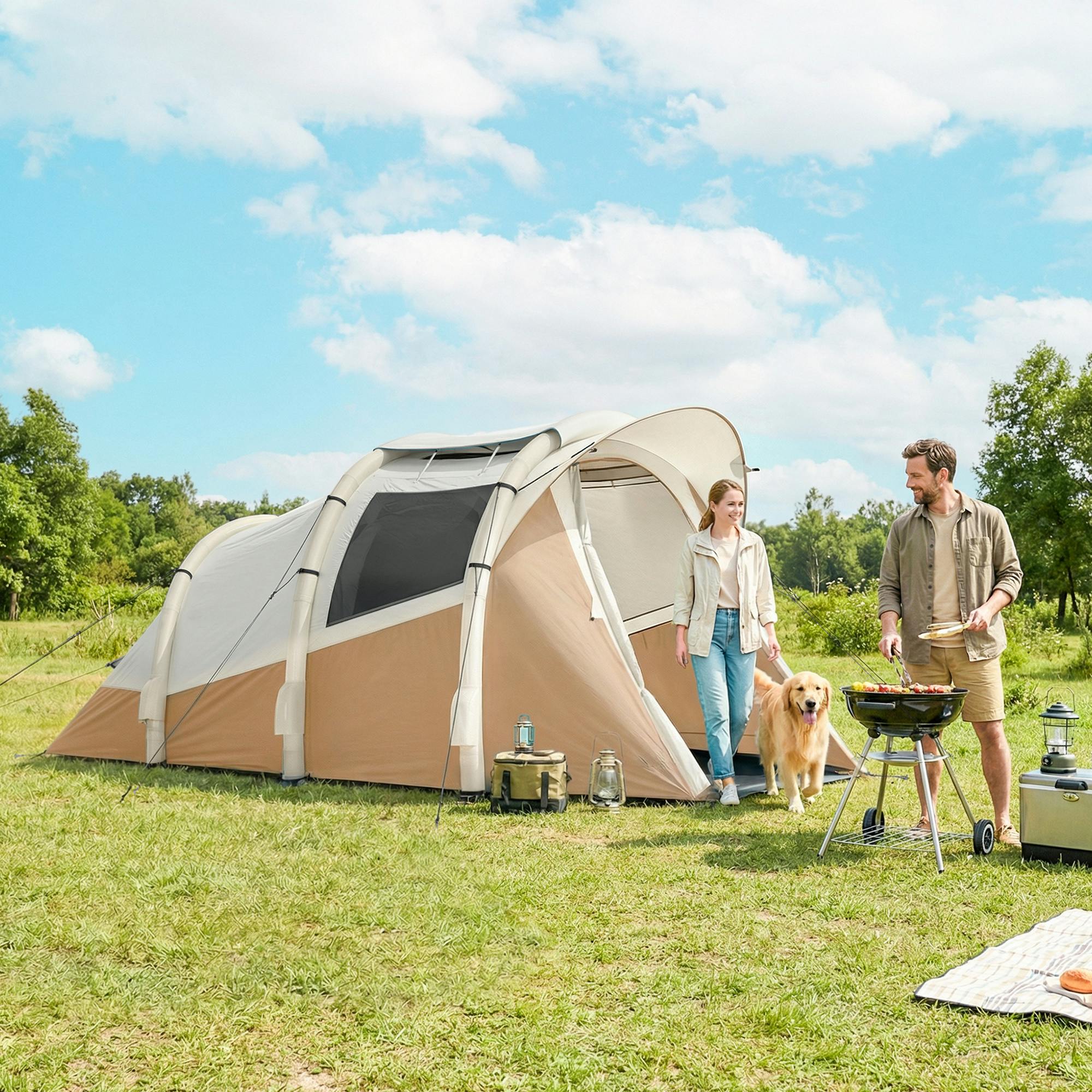 Outsunny Light Inflatable Camping Tent W/ Air Pump, 2-3 Person Blow Up Tent - Khaki
