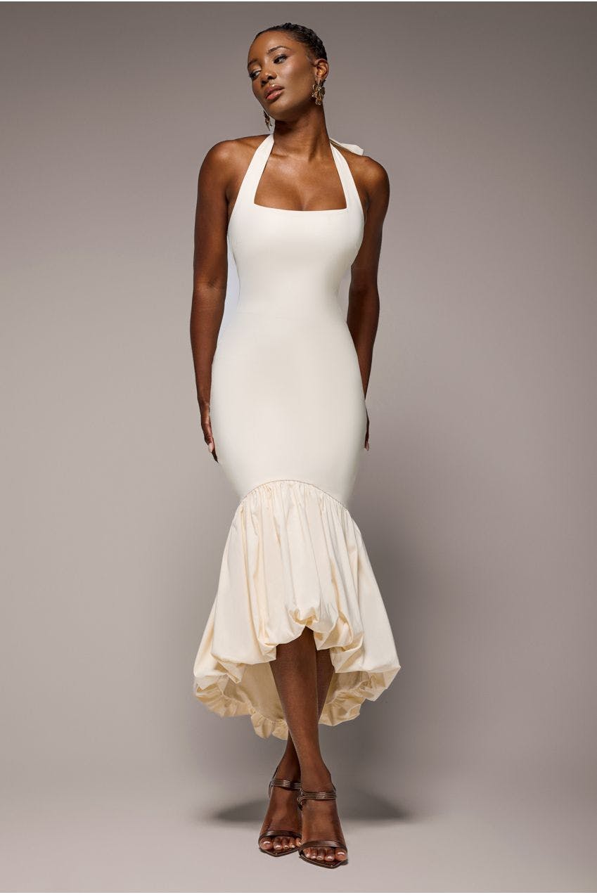 Goddiva Cream Halter Neck Puff Hem Mermaid Midaxi Dress - By - 14