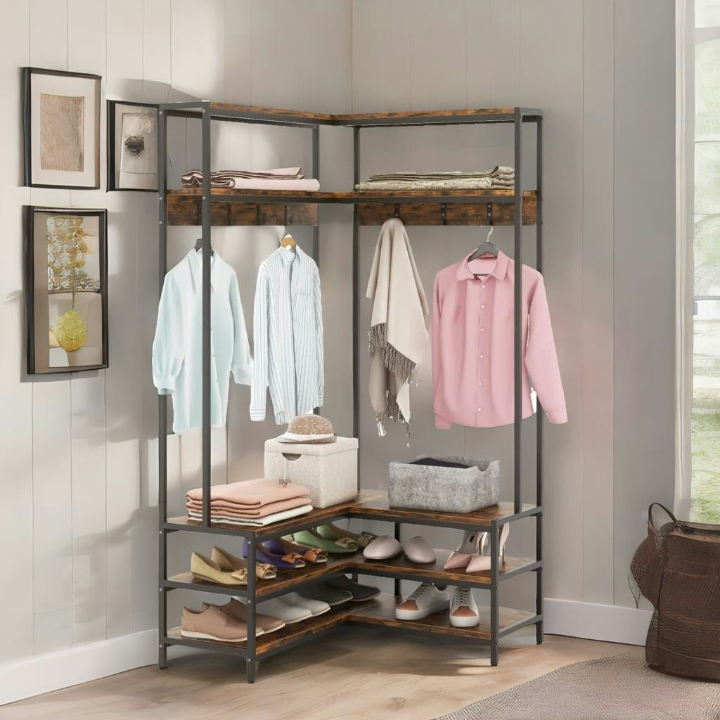 Rackhams Brown Industrial L-Shaped Hall Tree Coat Rack Stand With Shelves Rustic