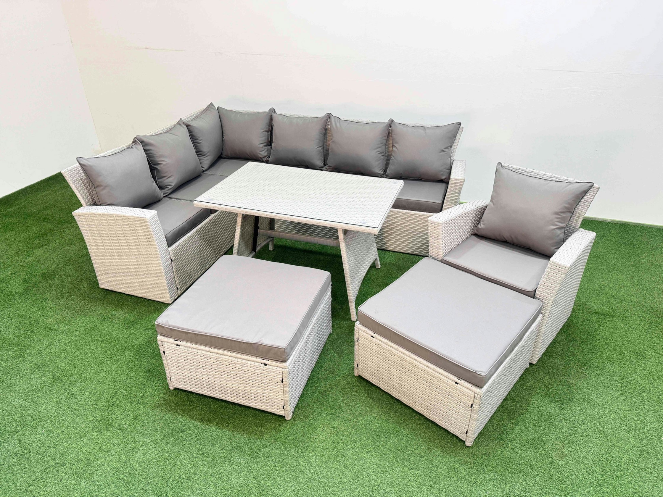 Fimous Light/Grey Garden Outdoor Rattan Furniture Set Rattan Corner Sofa Oblong Dining Table With Armchair 2 Big Footstools Mixed 9 Seater