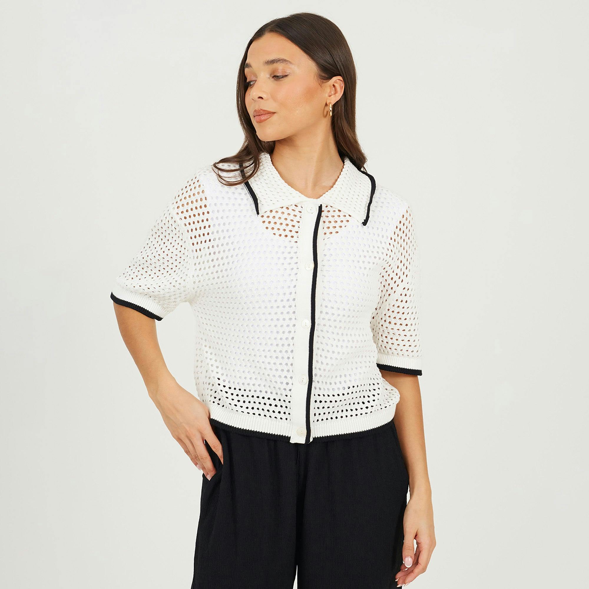 Brave Soul Cream Loose Knit Collared Blouse - L