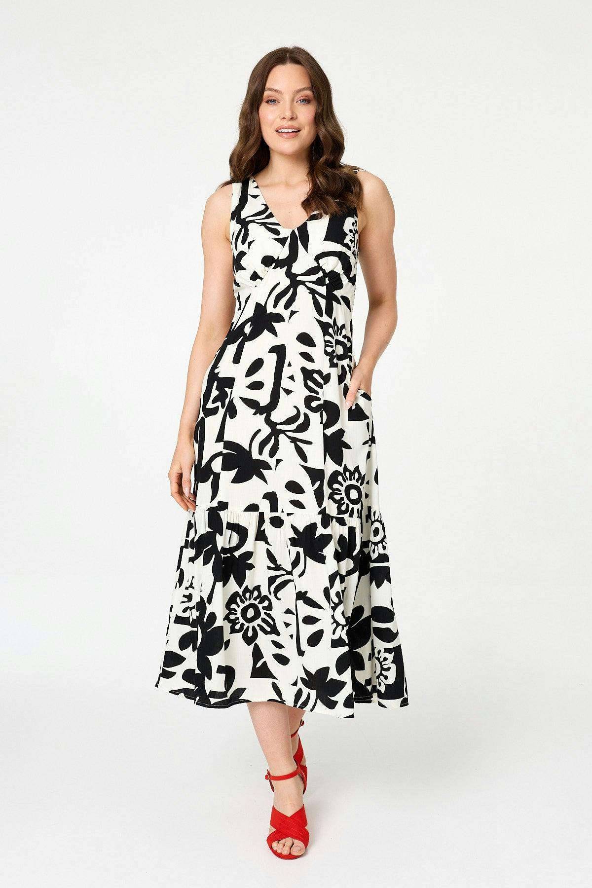 Izabel London Beige Floral Sleeveless A-Line Midi Dress - 14