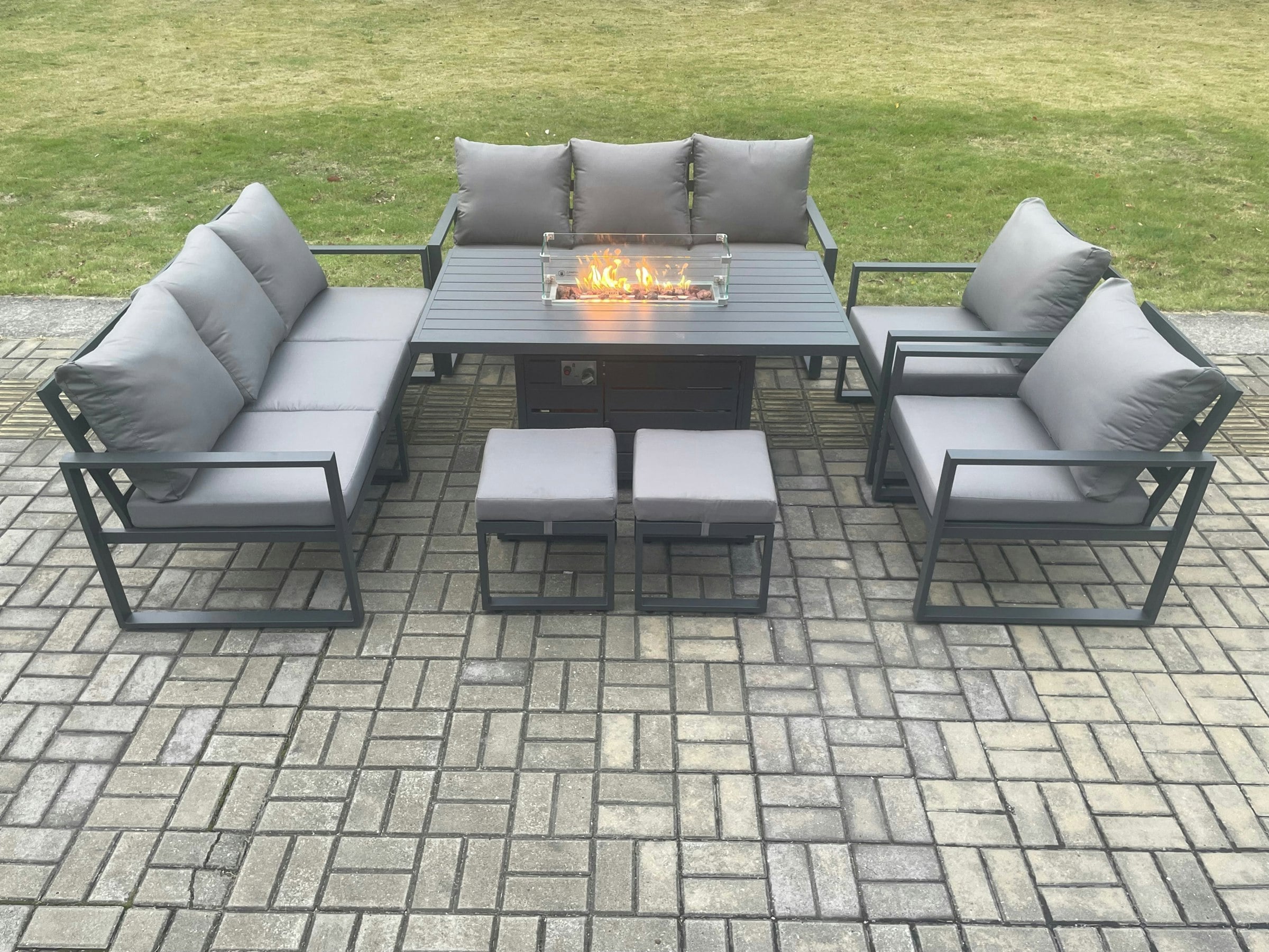 Fimous Dark/Grey Aluminium Outdoor Garden Furniture Set Patio Lounge Sofa Gas Fire Pit Dining Table Set With 2 Small Footstools