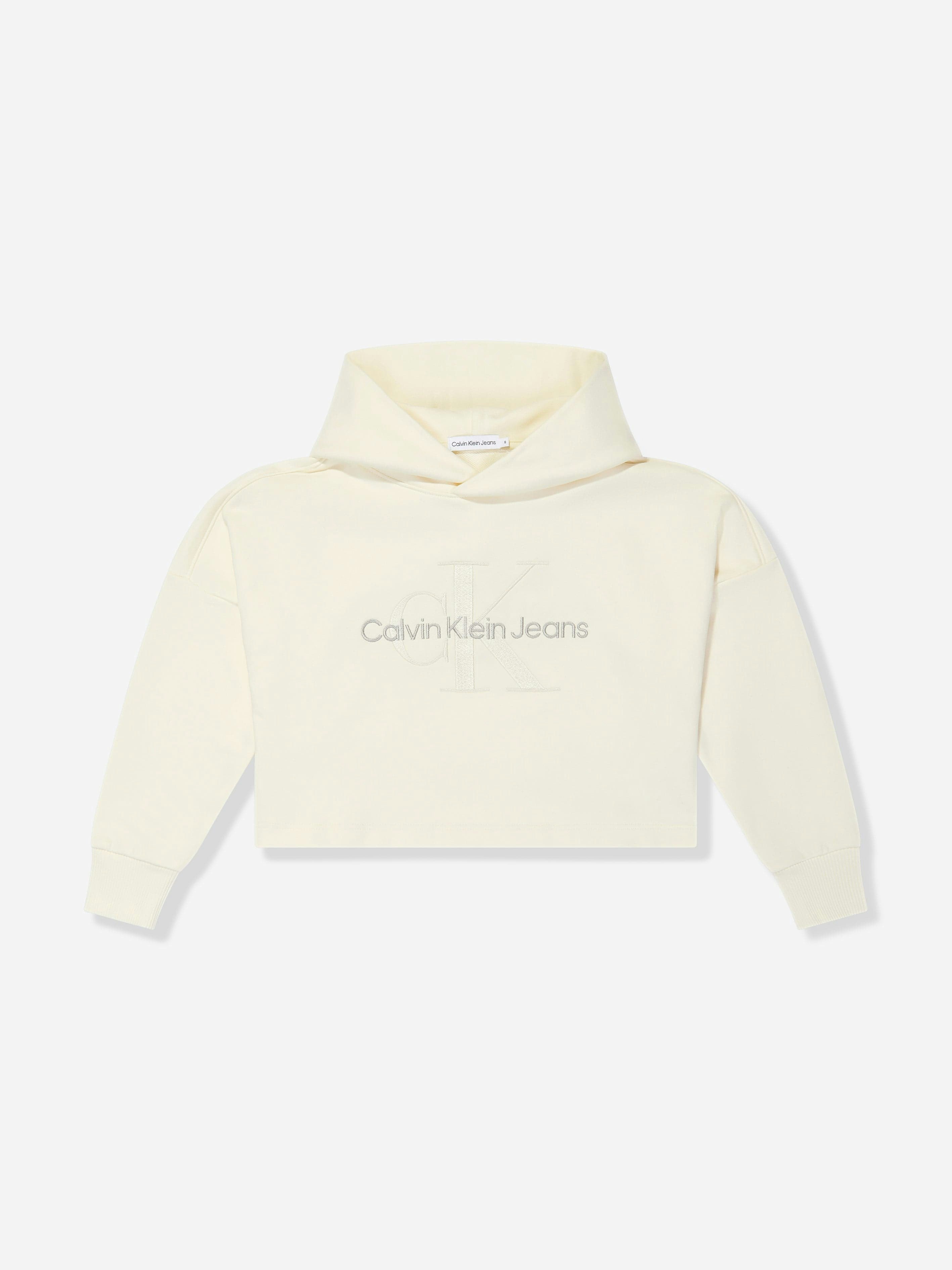 Calvin Klein Girls Beige Monogram Embroidered Hoodie In - 10 Yrs