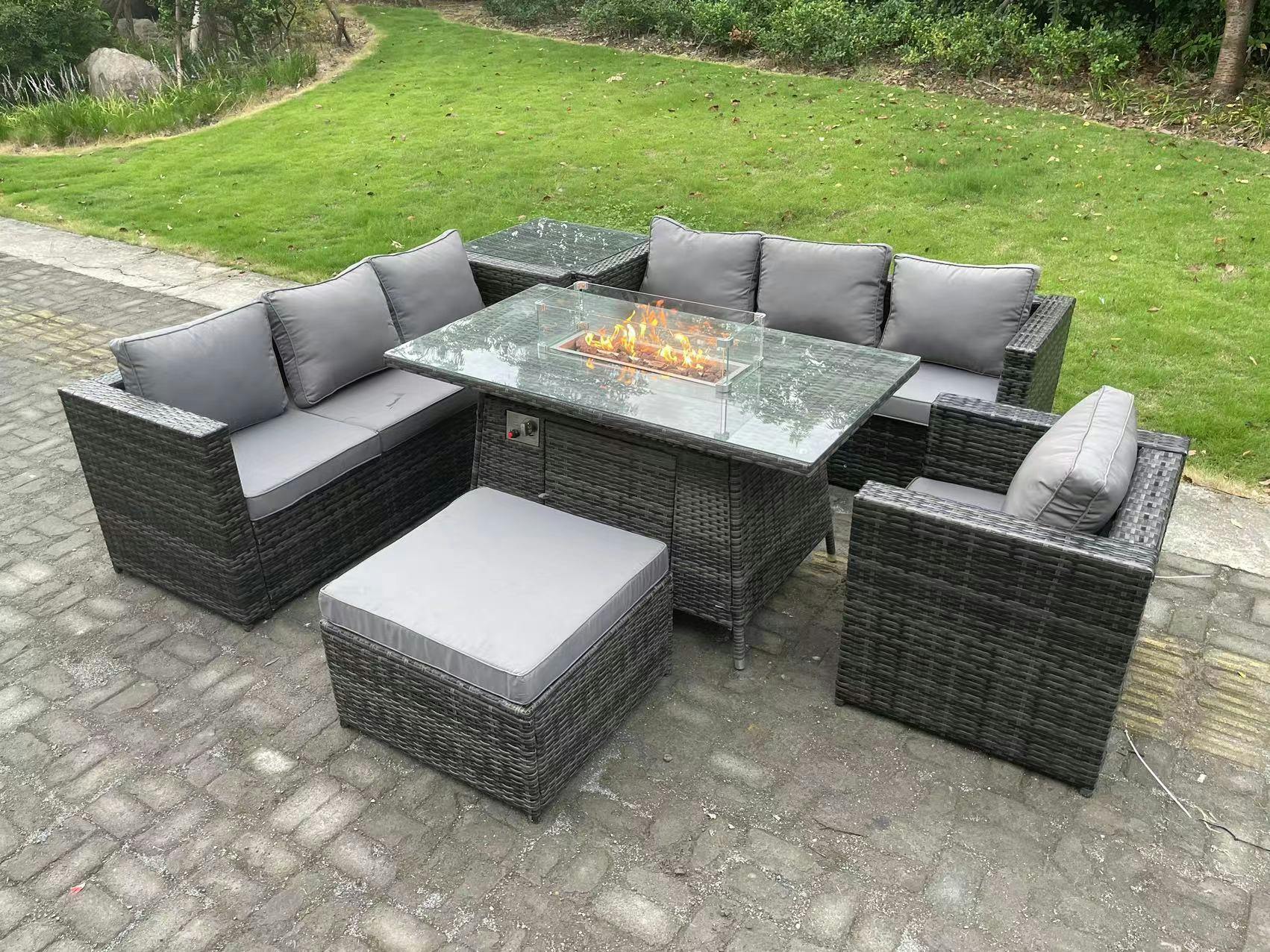 Rackhams Dark/Grey 8 Seater Rattan Garden Furniture Set With Firepit Dining Table, 2 Sofas, 1 Armchair, 1 Footstool & 1 Side Table