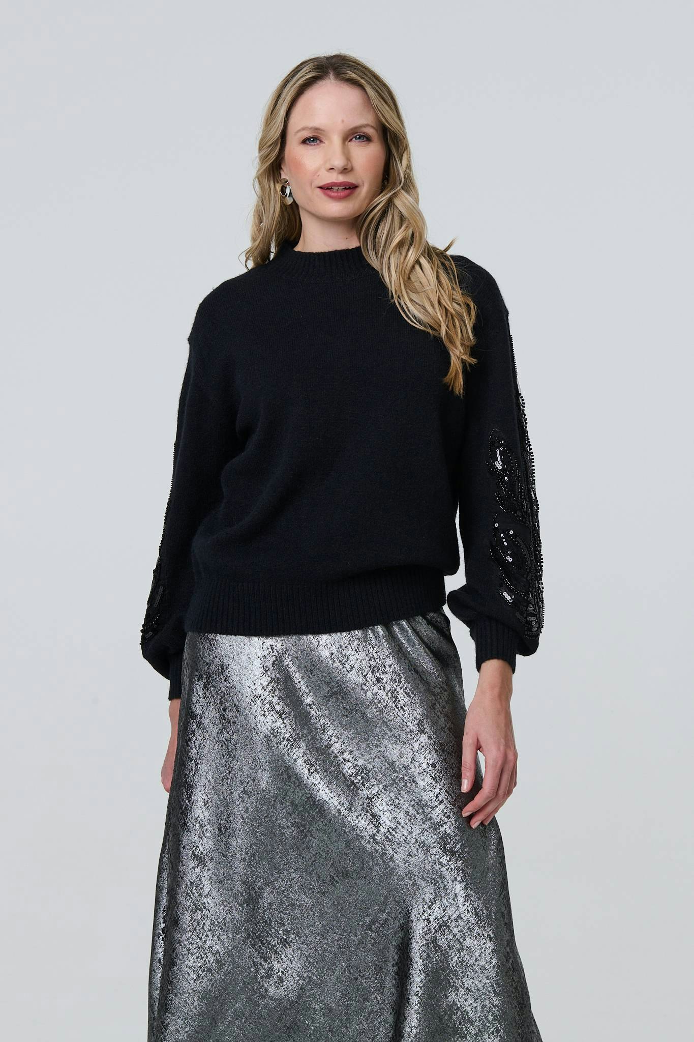 Izabel London Black Sequin Embellished Relaxed Jumper - S