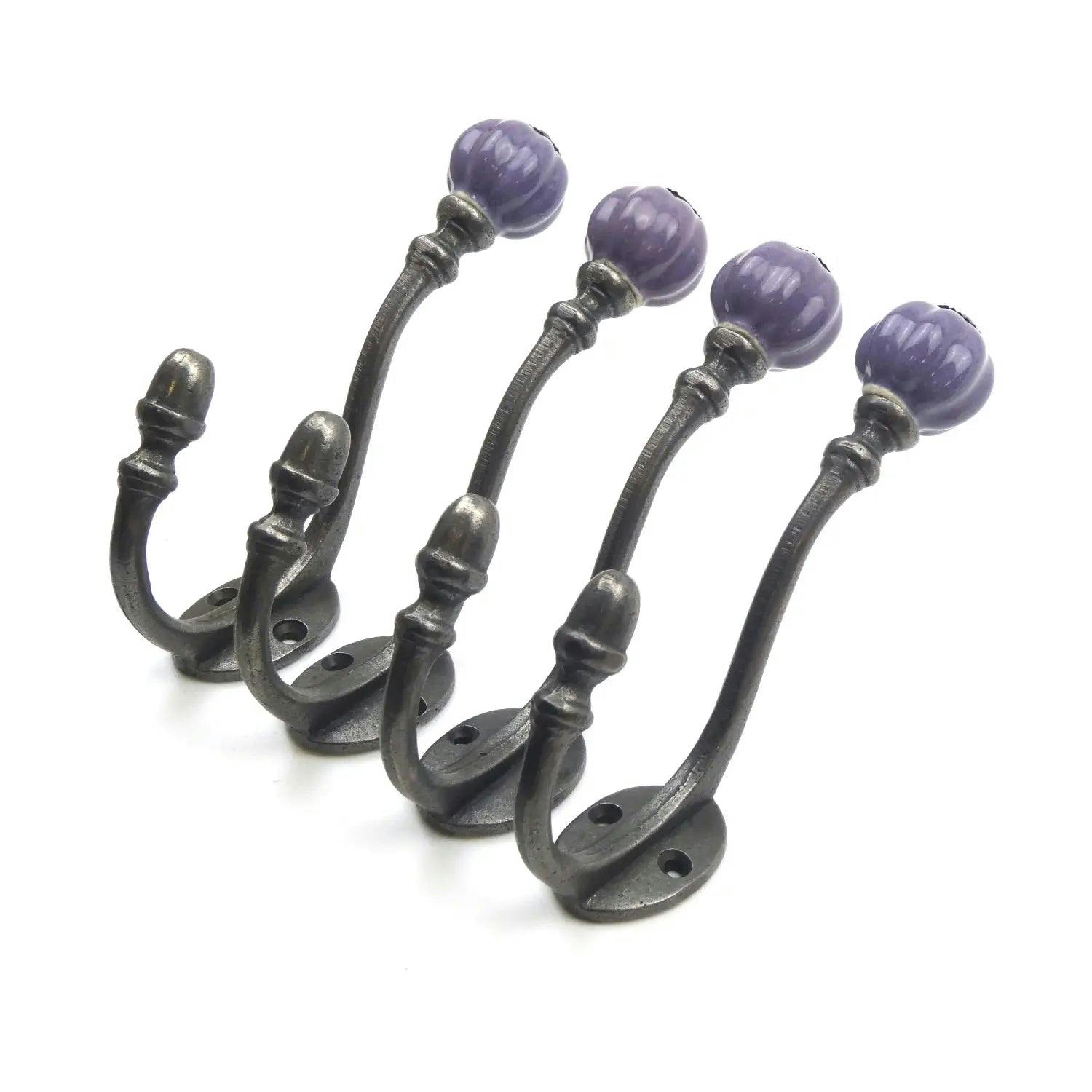 Oakcrafts Purple Ceramic Tipped Shabby Chic Cast Iron Coat Hook 150Mm - Pack Of 4 Hooks - Image 2