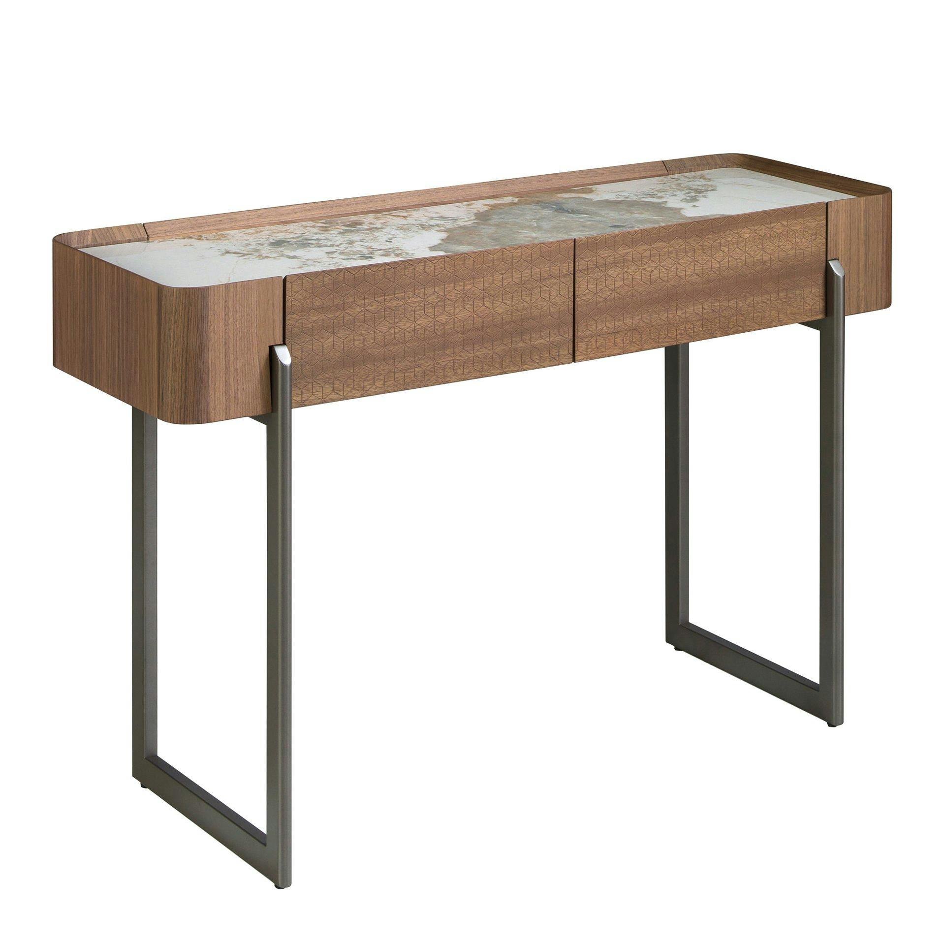 Rackhams Dark Rectangular Porcelain Marble, Walnut And Metallic Steel Console Table 3254