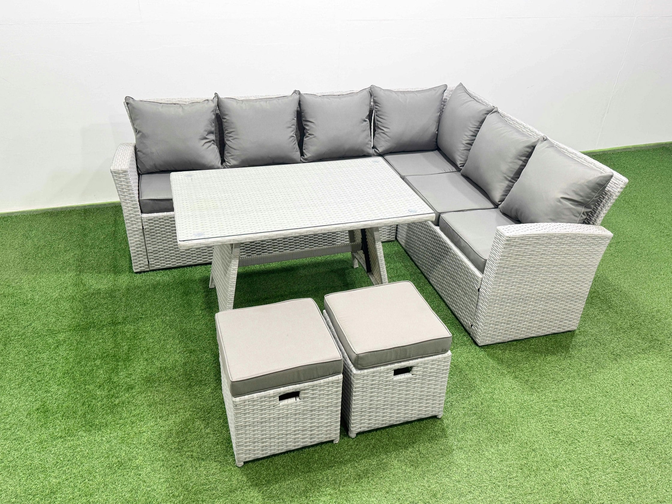Rackhams Light/Grey 8 Seater Garden Outdoor Rattan Furniture Set Rattan Corner Sofa Oblong Dining Table Set With 2 Small Footstools Mixed