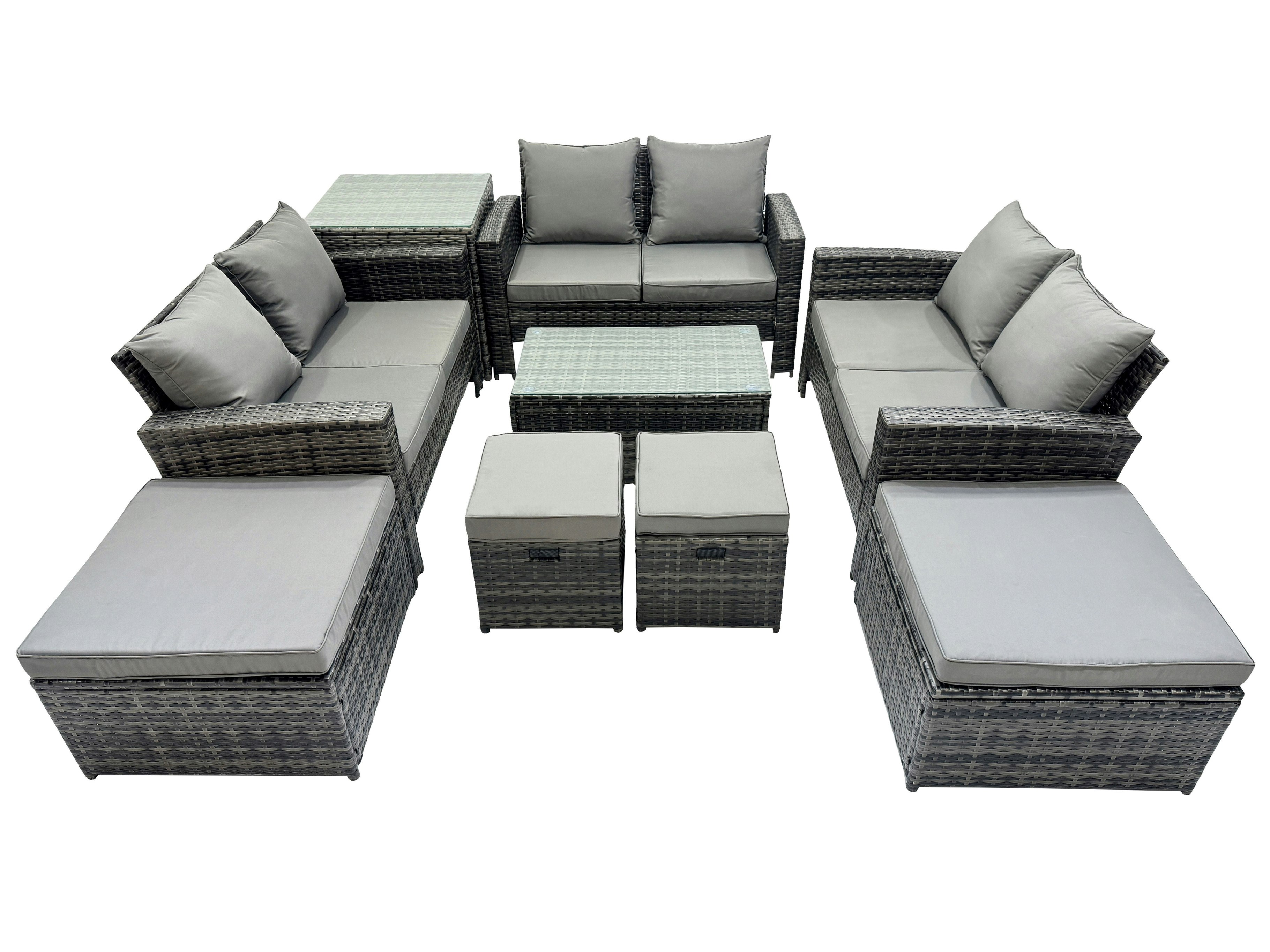 Fimous Dark/Grey Pe Rattan Garden Furniture Set Lounge Double Seat Sofa Coffee Table Set With Side Table 4 Stools Mixedmixed