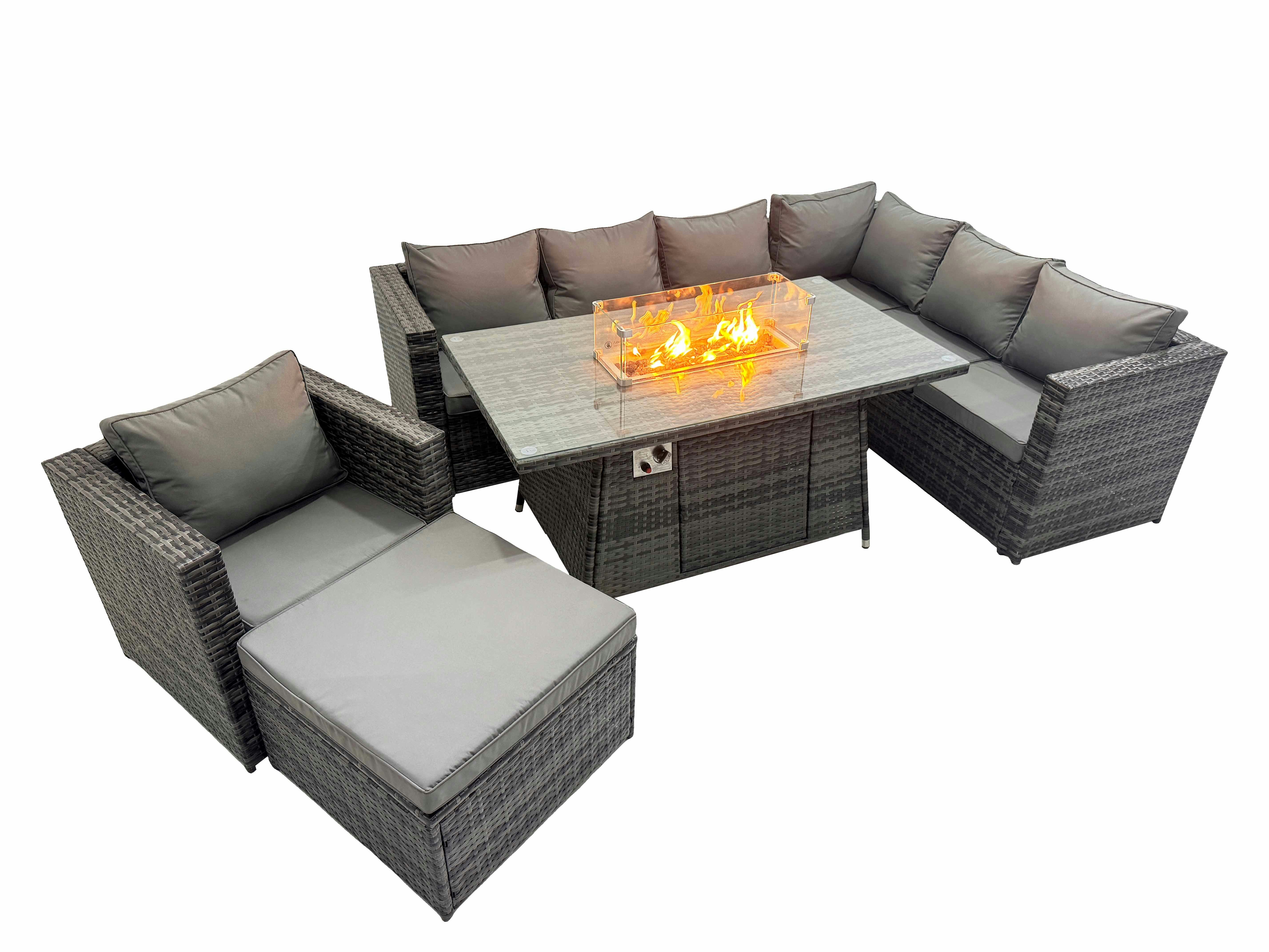 Fimous Dark/Grey Garden Rattan Furniture Set 8 Seater Outdoor Corner Sofa Chair Gas Fire Pit Dining Table Set With Big Stool