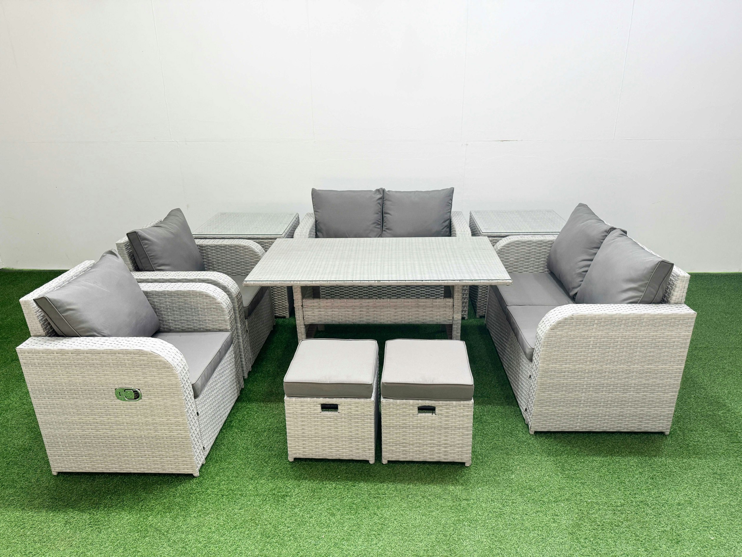 Fimous Light/Grey 8 Seater Outdoor Reclining Chair Love Sofa Set Rattan Garden Furniture Set With Rectangular Dining Table 2 Stools 2 Side Table