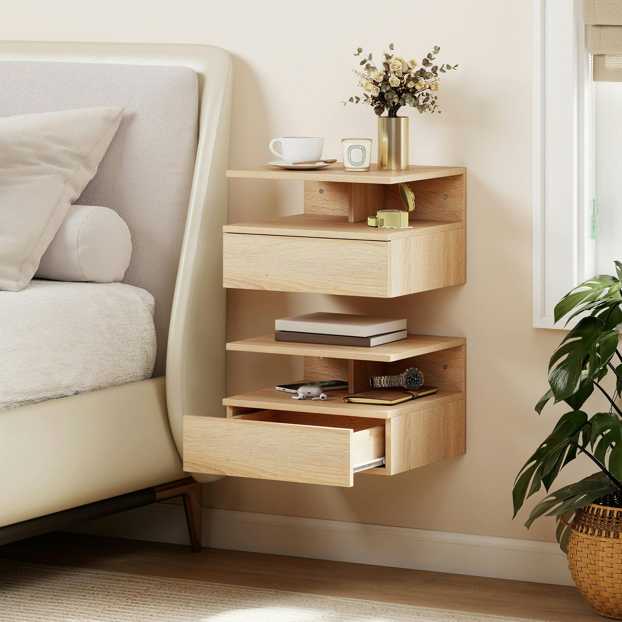 Homcom Modern Nightstand Set Of 2, Wall Mounted Bedside Cabinet - Oak