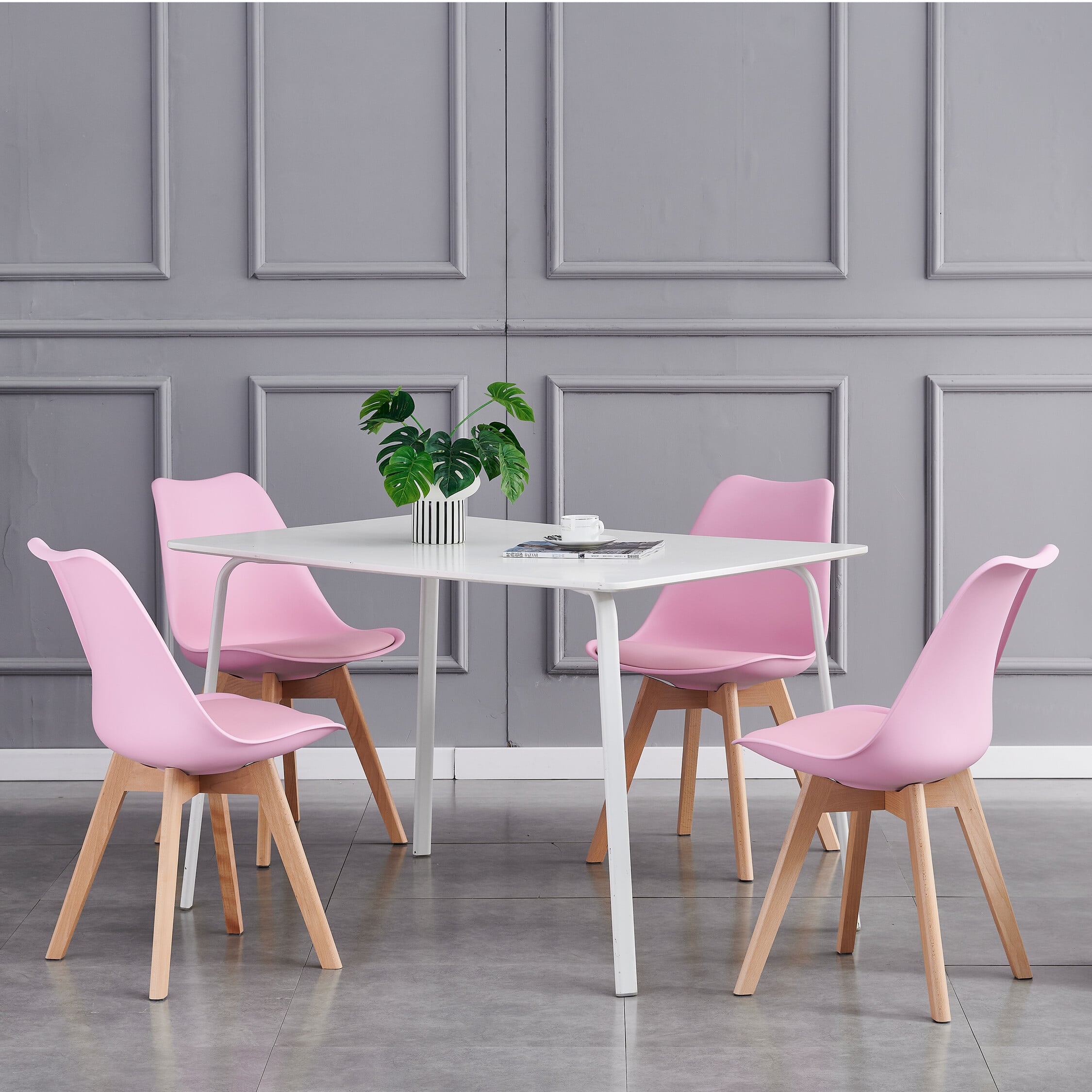 Rackhams Pink Set Of 4 Dining Chairs With Solid Wooden Legs And Seat Cushion Pads Eva