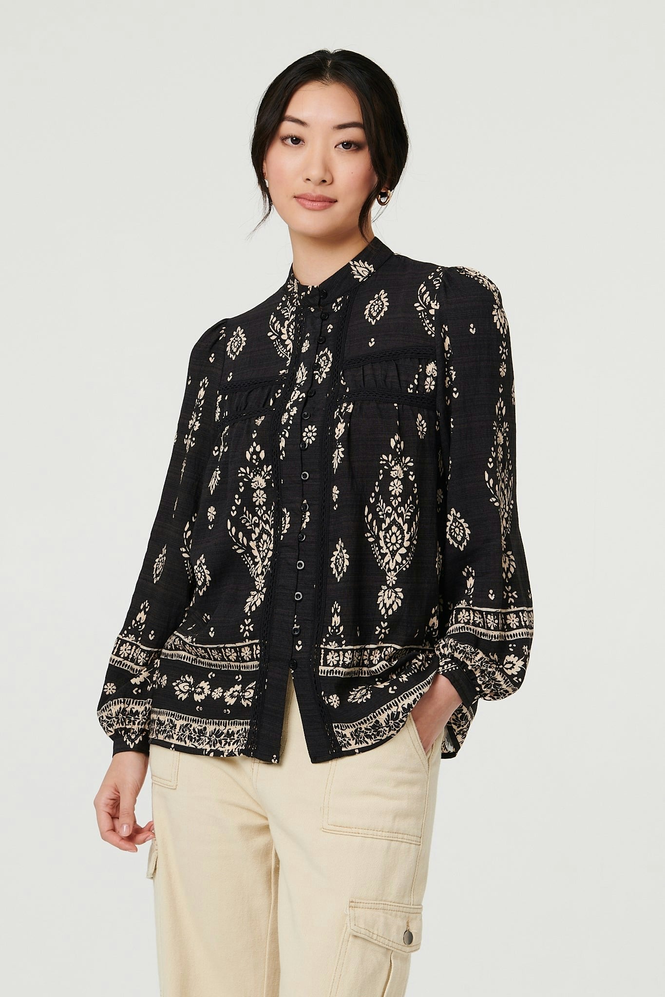 Izabel London Black Printed Lace Trim Long Sleeve Blouse - 12