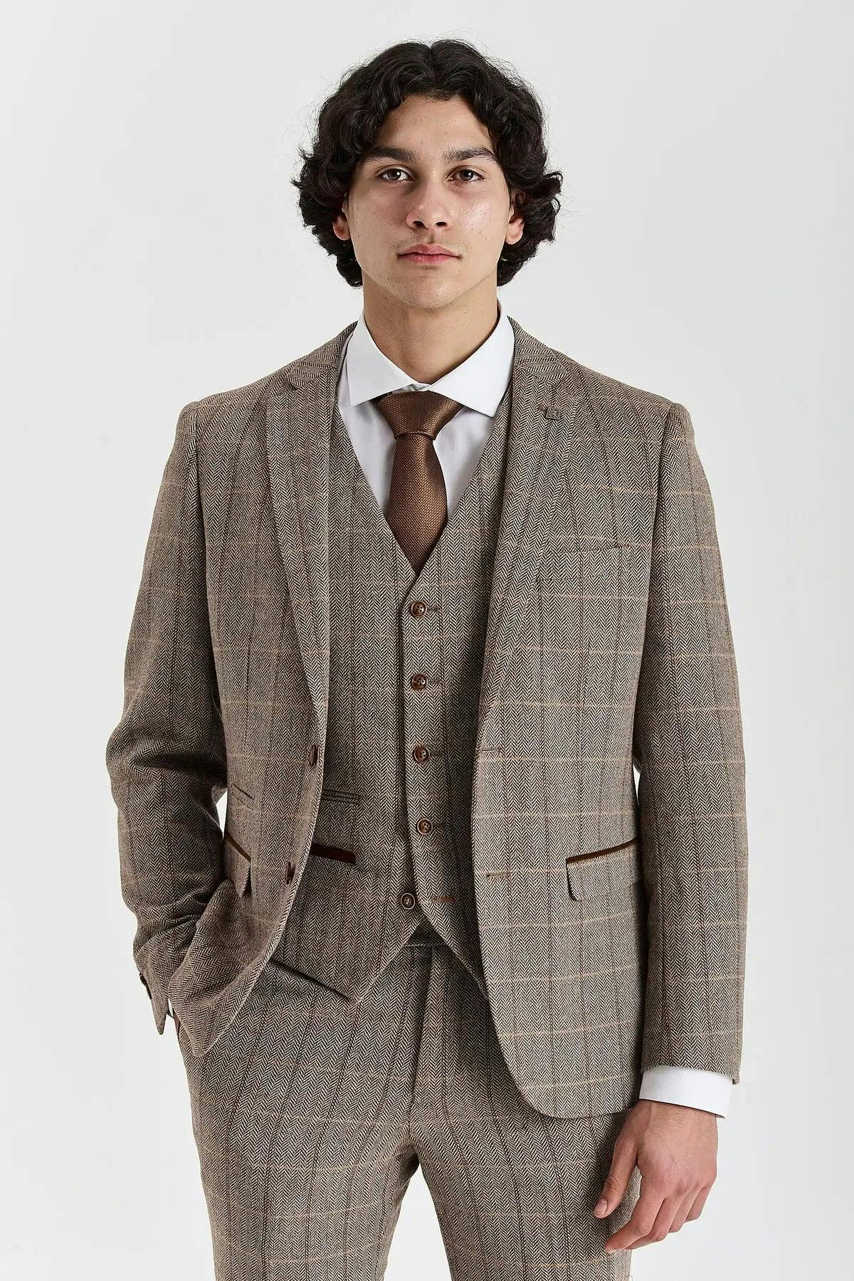Paul Andrew Men's Brown Harris - Tweed Herringbone Check Blazer - 42