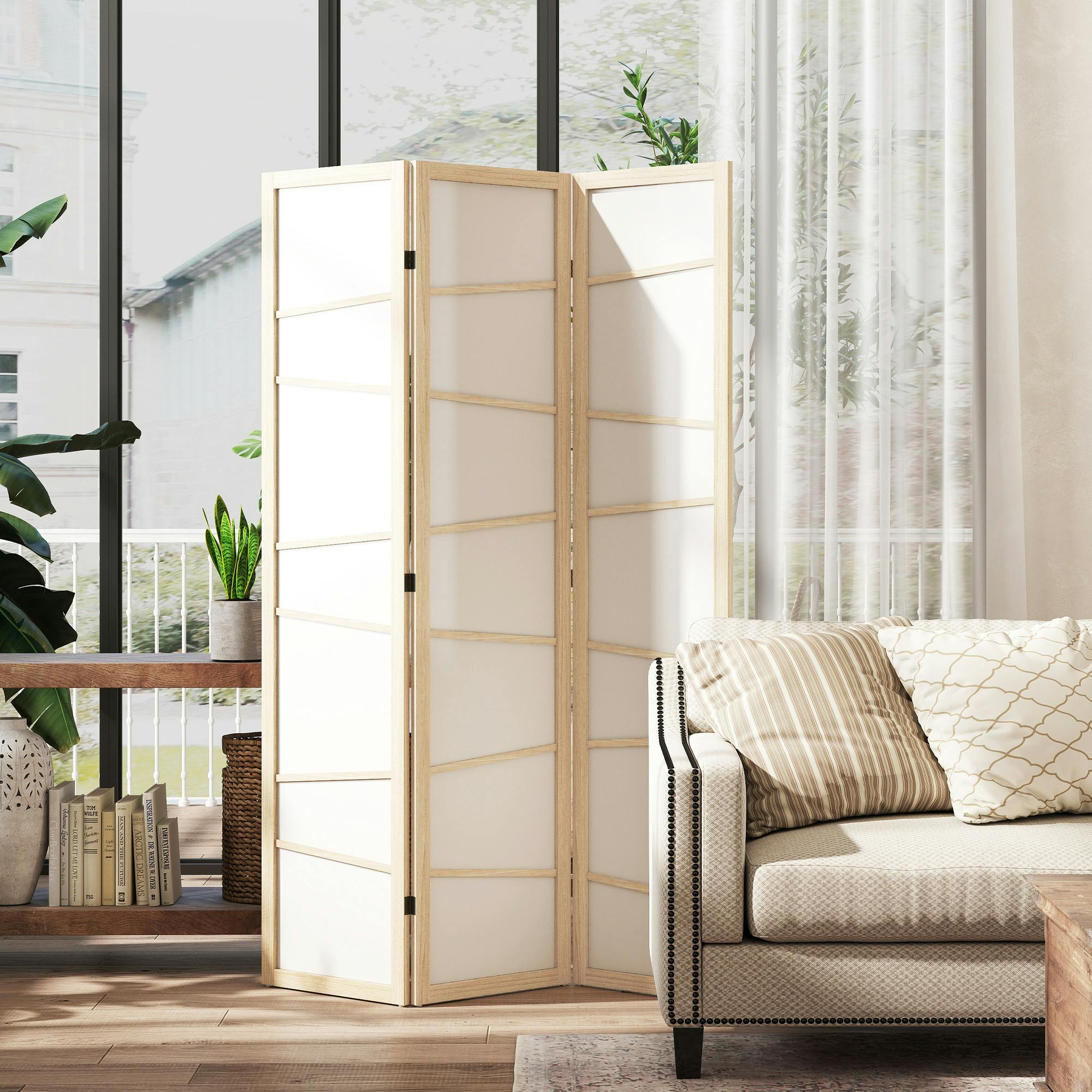 Homcom Light Room Divider, Screen Protector With Frame, Natural Wood Finish