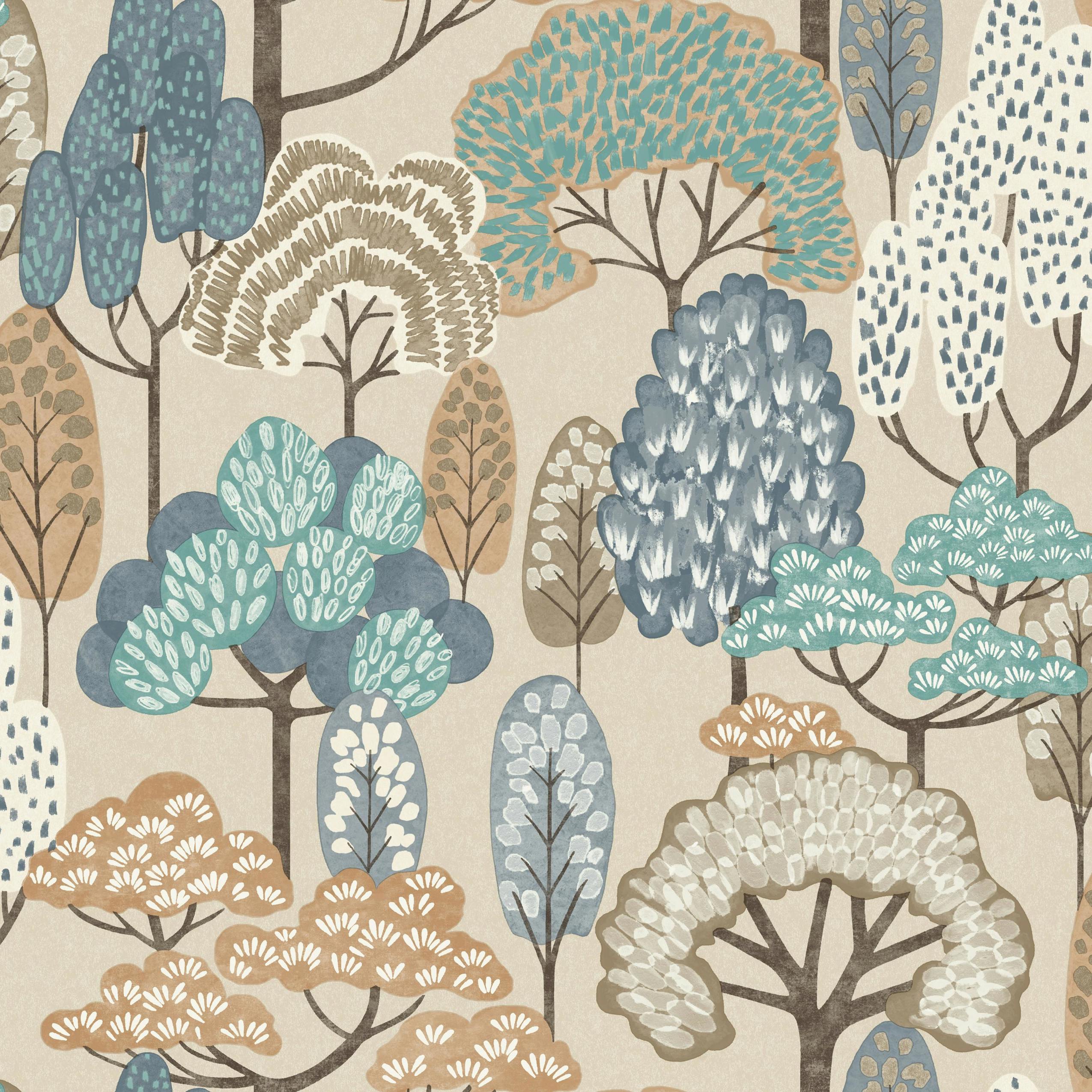 Grandeco Blue Happy Trees Brushstroke Nursery Textured Wallpaper,