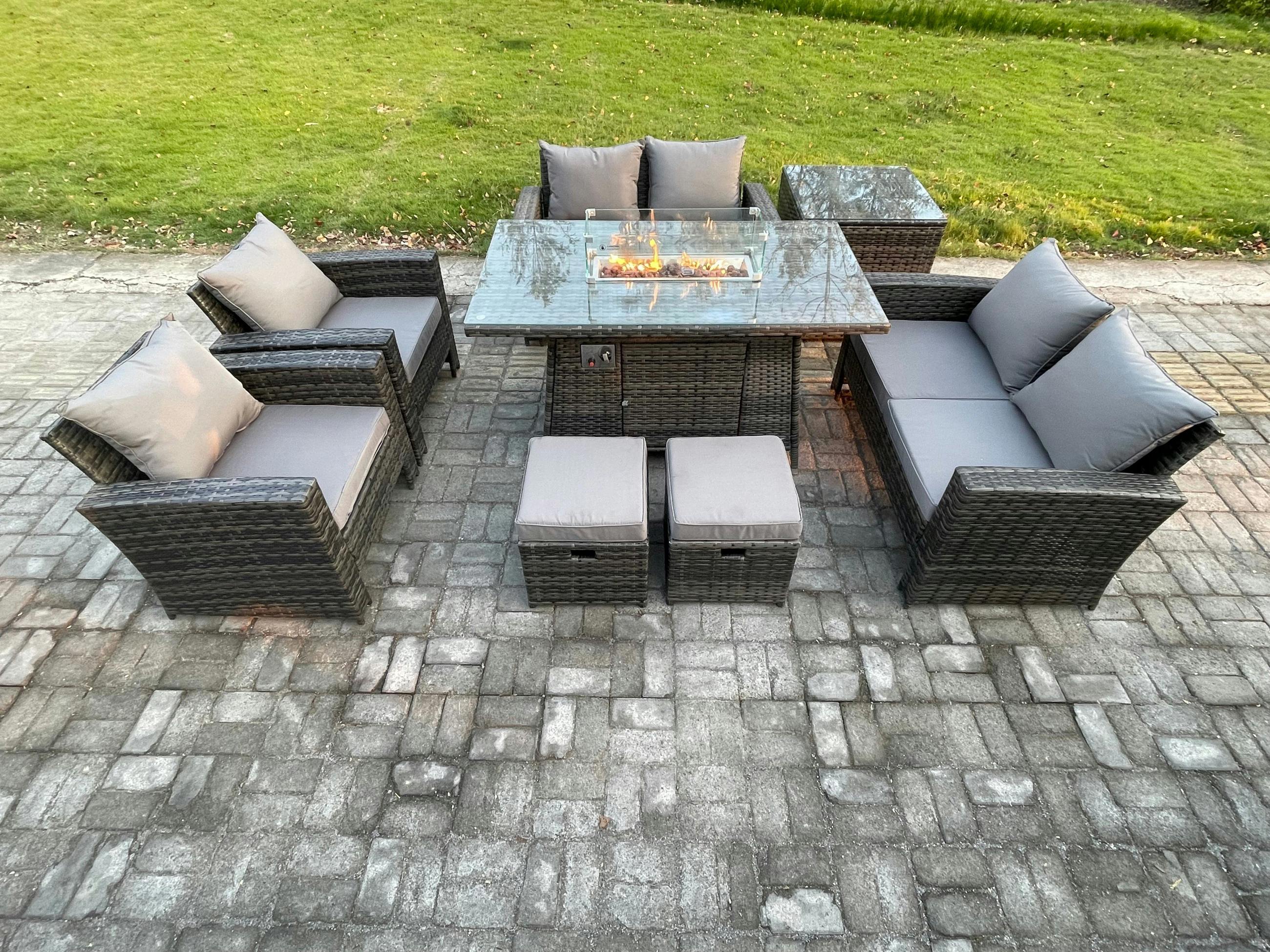 Rackhams Dark/Grey 8 Seater Rattan Garden Furniture Set With Firepit Dining Table, 2 Loveseats, 2 Armchairs, 2 Footstools & 1 Side Table