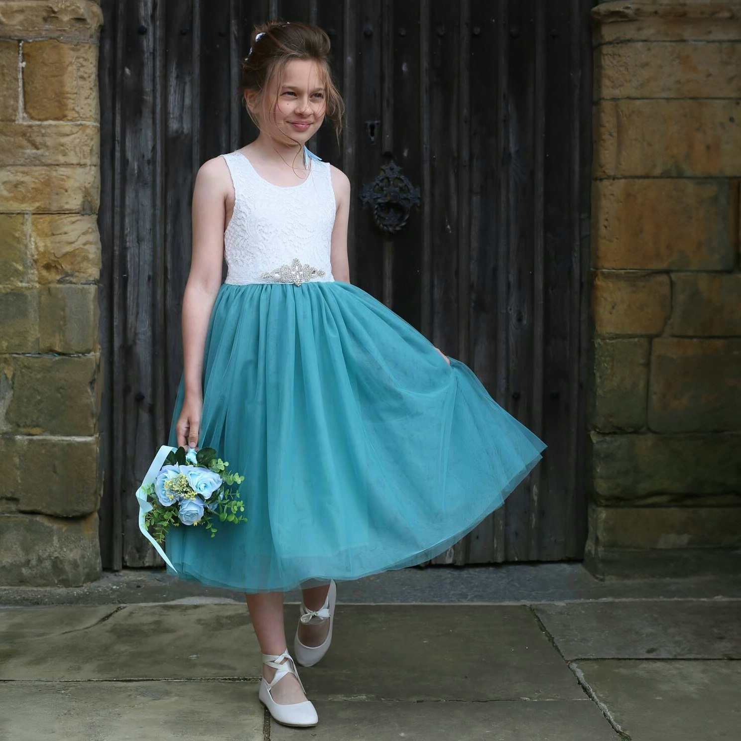 Uk Flower Girl Boutique Girls White Uk Flower Boutique Bohemian Classic Dress - Teal Tea Length - 4/5 Years