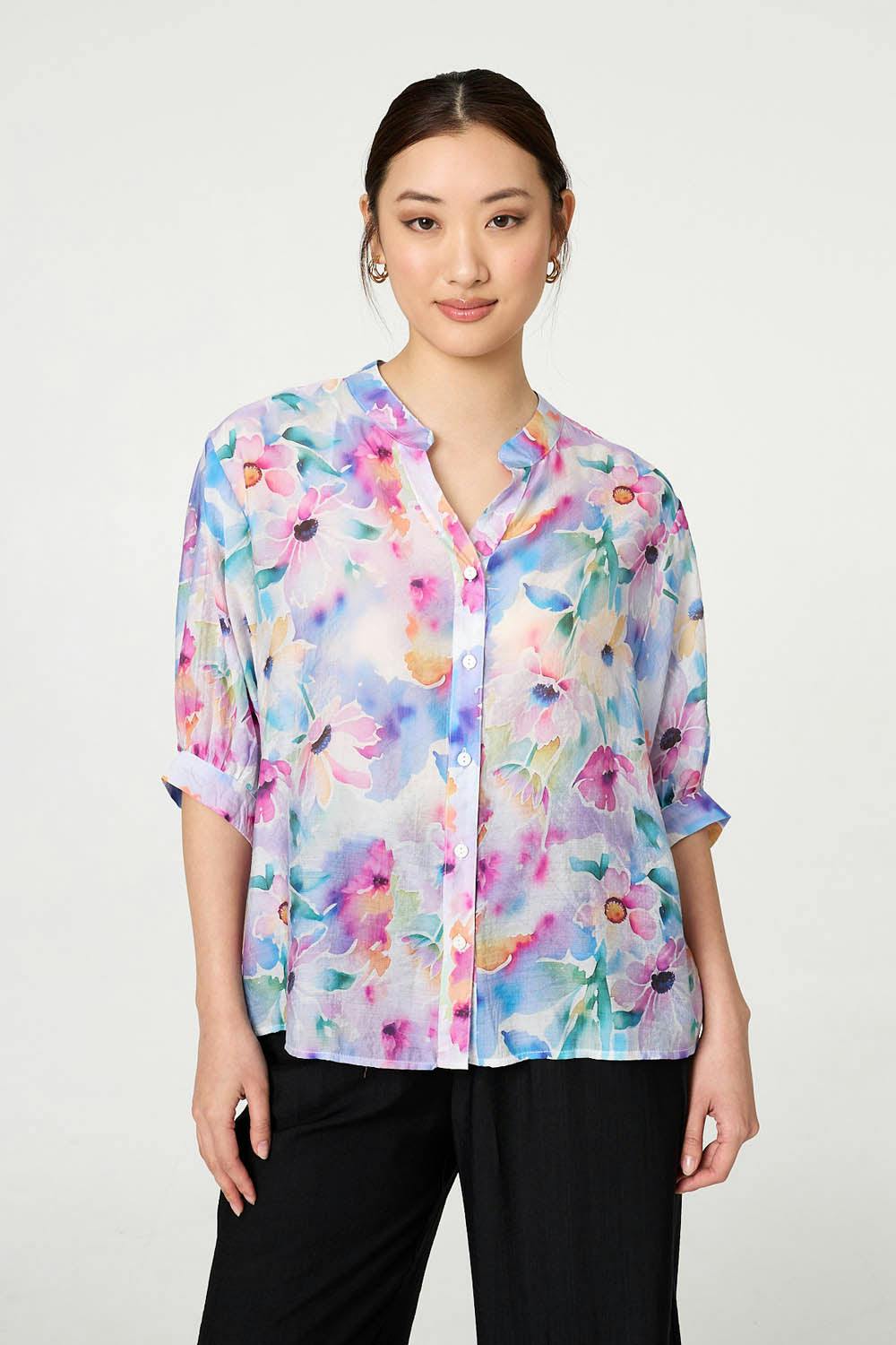 Izabel London Blue Floral 3/4 Sleeve Curved Hem Blouse - 8