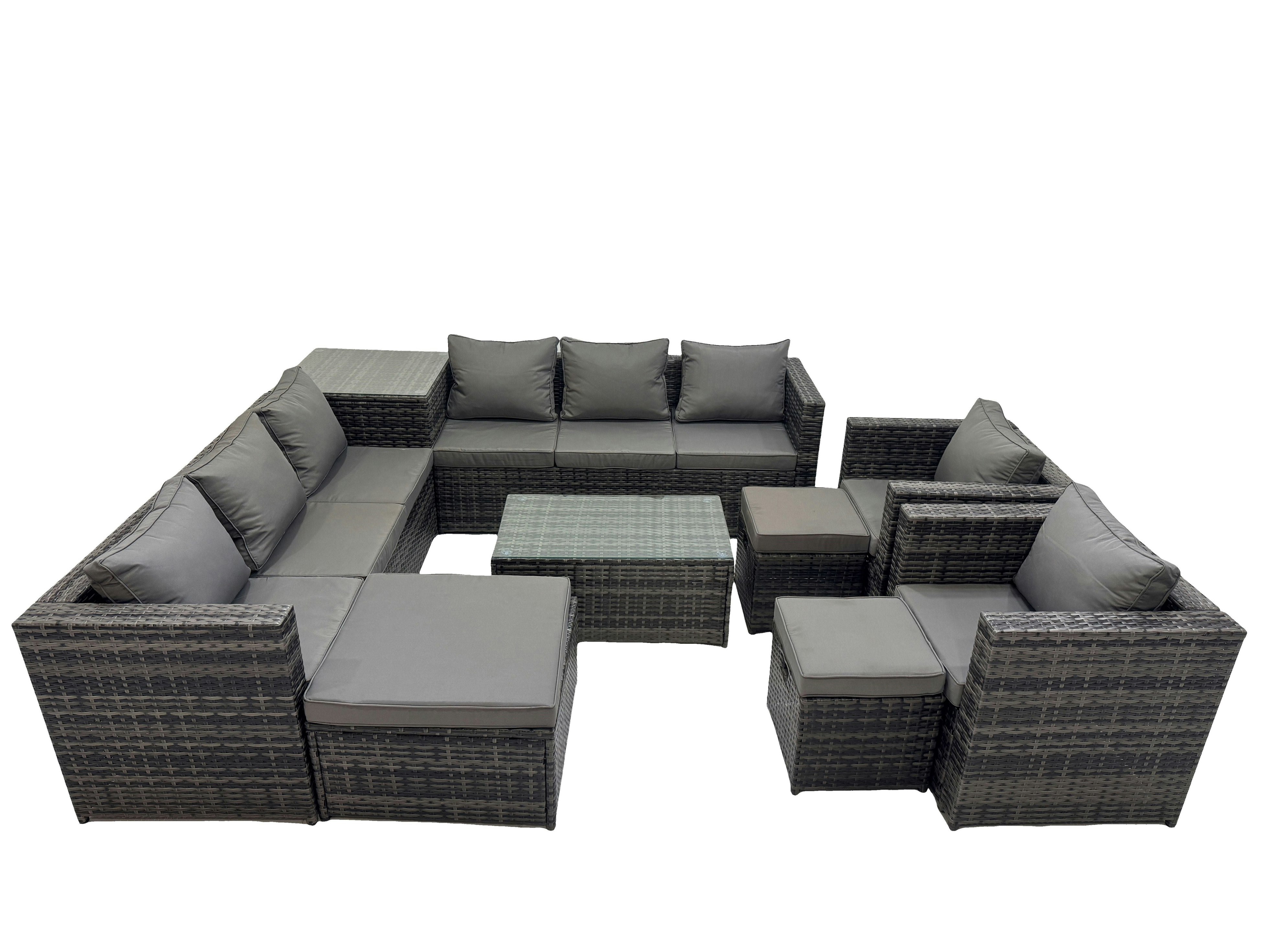 Rackhams Dark/Grey 11 Seater Garden Outdoor Rattan Furniture Set Patio Corner Sofa Rectangular Coffee Table With 3 Stools