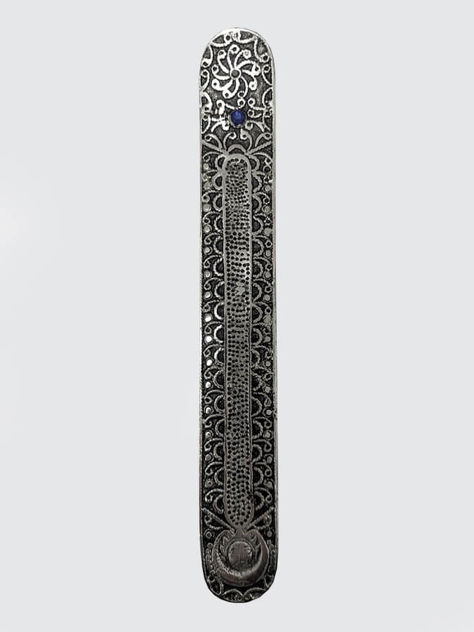 Rackhams Blue Metal Embossed Incense Holder With Stone - Moon - Stone