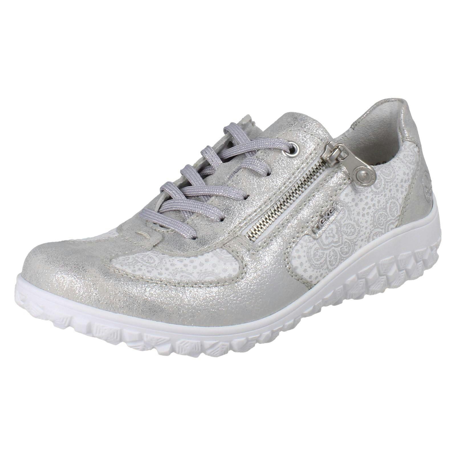 Rieker Women's Silver Extra Wide Detailed Lace Up Trainers With Side Zip 59501 - /Platinum - Uk 6