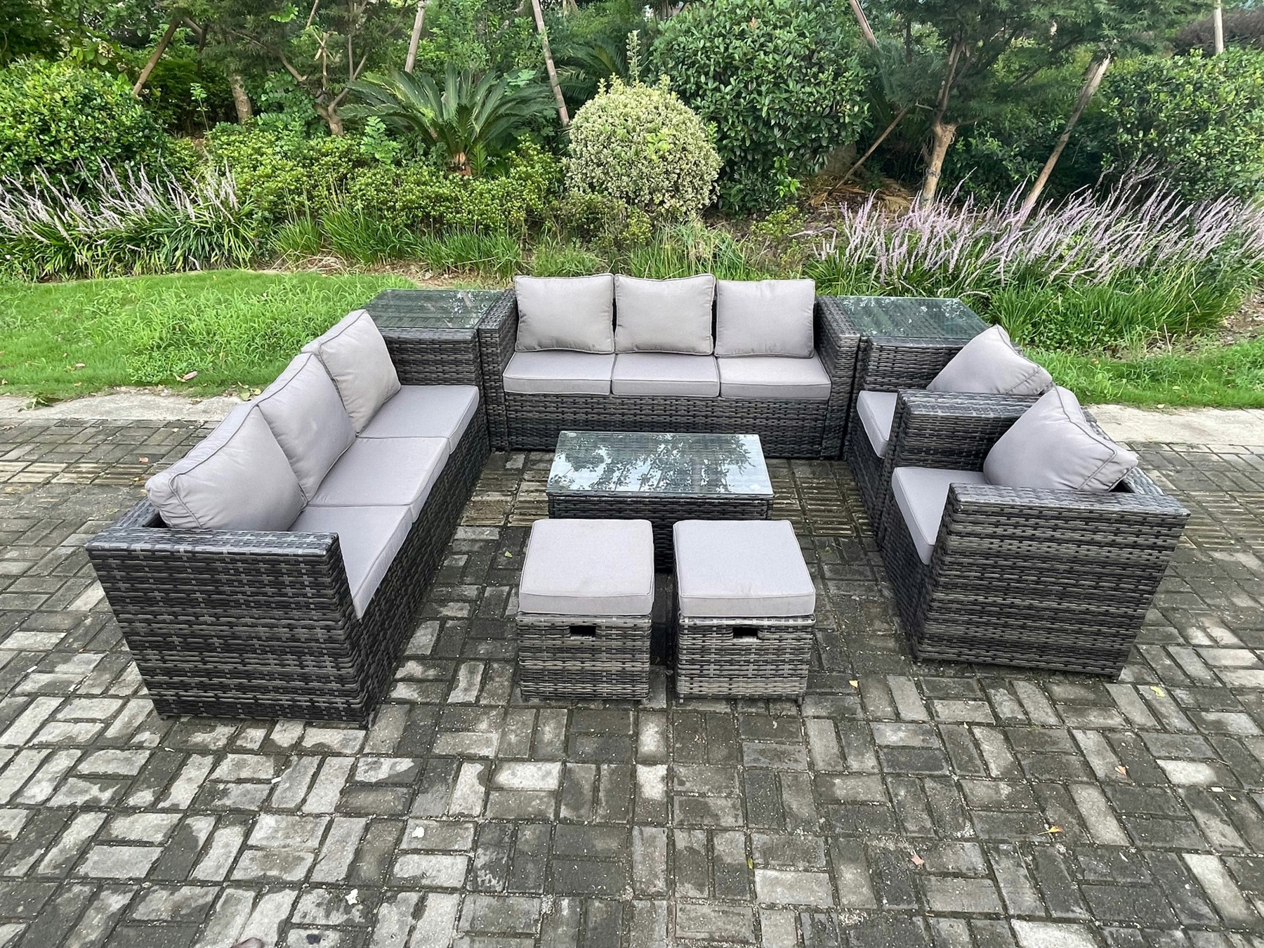 Fimous Dark/Grey Mixed Pe Rattan Outdoor Lounge Set - 2 Armchairs, Oblong Coffee Table, 2 Side Tables & 2 Small Footstools