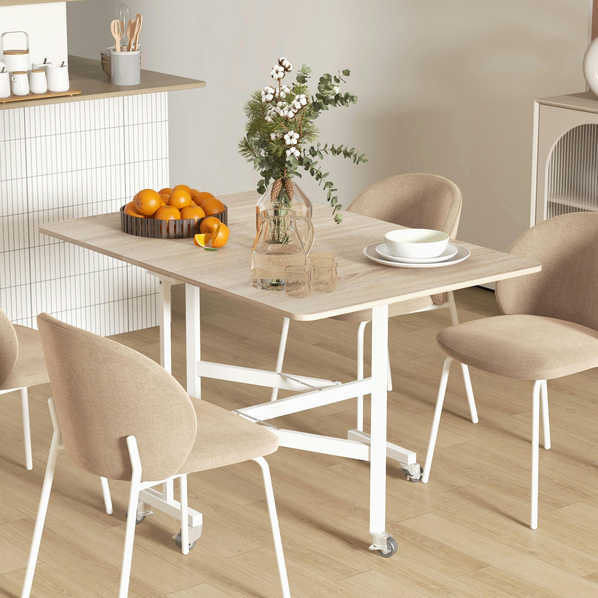 Rackhams Drop Leaf Table With 6 Wheels Folding Dining Table - 73H X 120W X 80Dcm - Natural Wood Finish