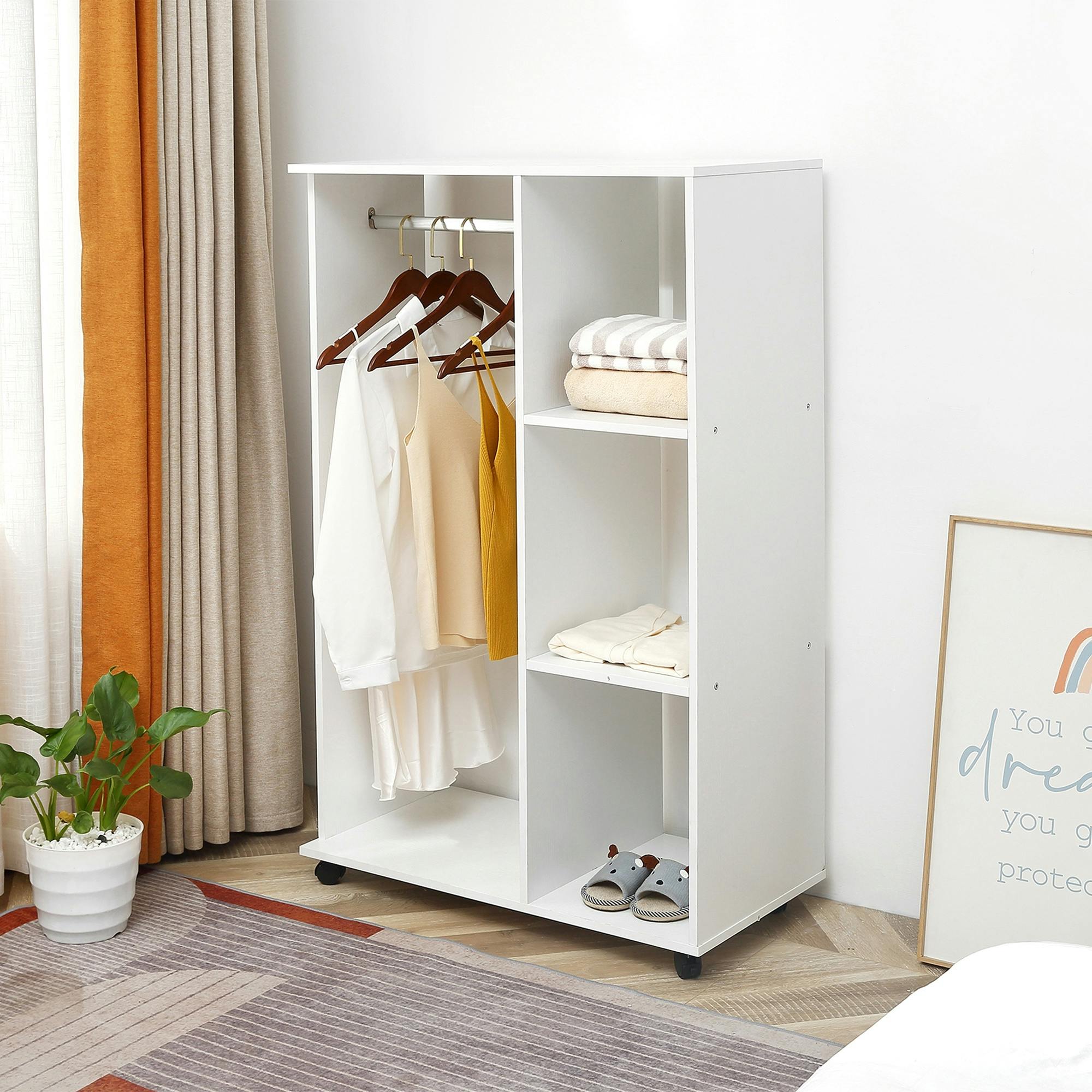 HOMCOM Rolling Open Wardrobe - White - Hanging Rail & Storage Shelves - Mobile - Image 4