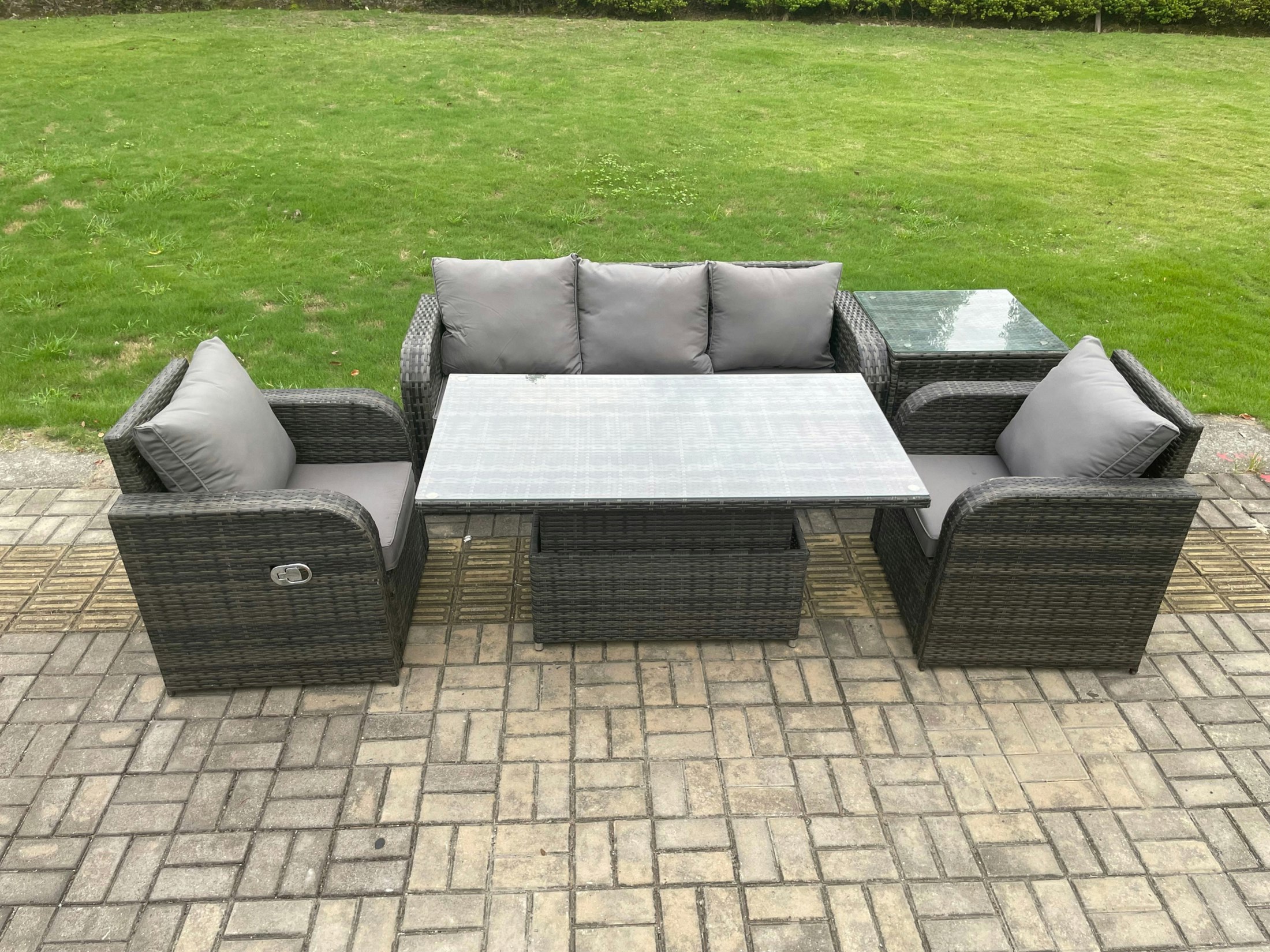 Rackhams Dark/Grey Wicker Pe Rattan Outdoor Garden Furniture Set Height Adjustable Rising Lifting Dining Table With Armchair Side Table
