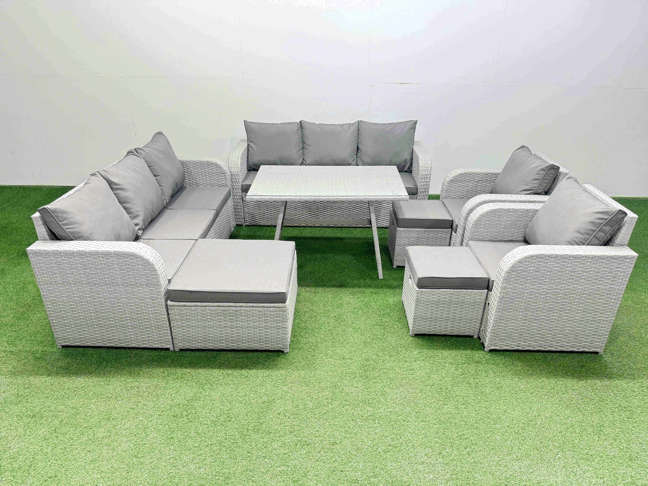 Rackhams Light/Grey Rattan High Back Lounge Sofa Set Patio Dining Table & Chairs Set With 3 Seater Sofa 2 Reclining Chairs 3 Stool