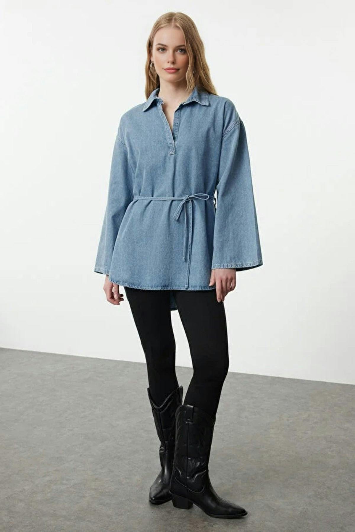 Wovcor Blue Denim Shirt With Tie Detail - M